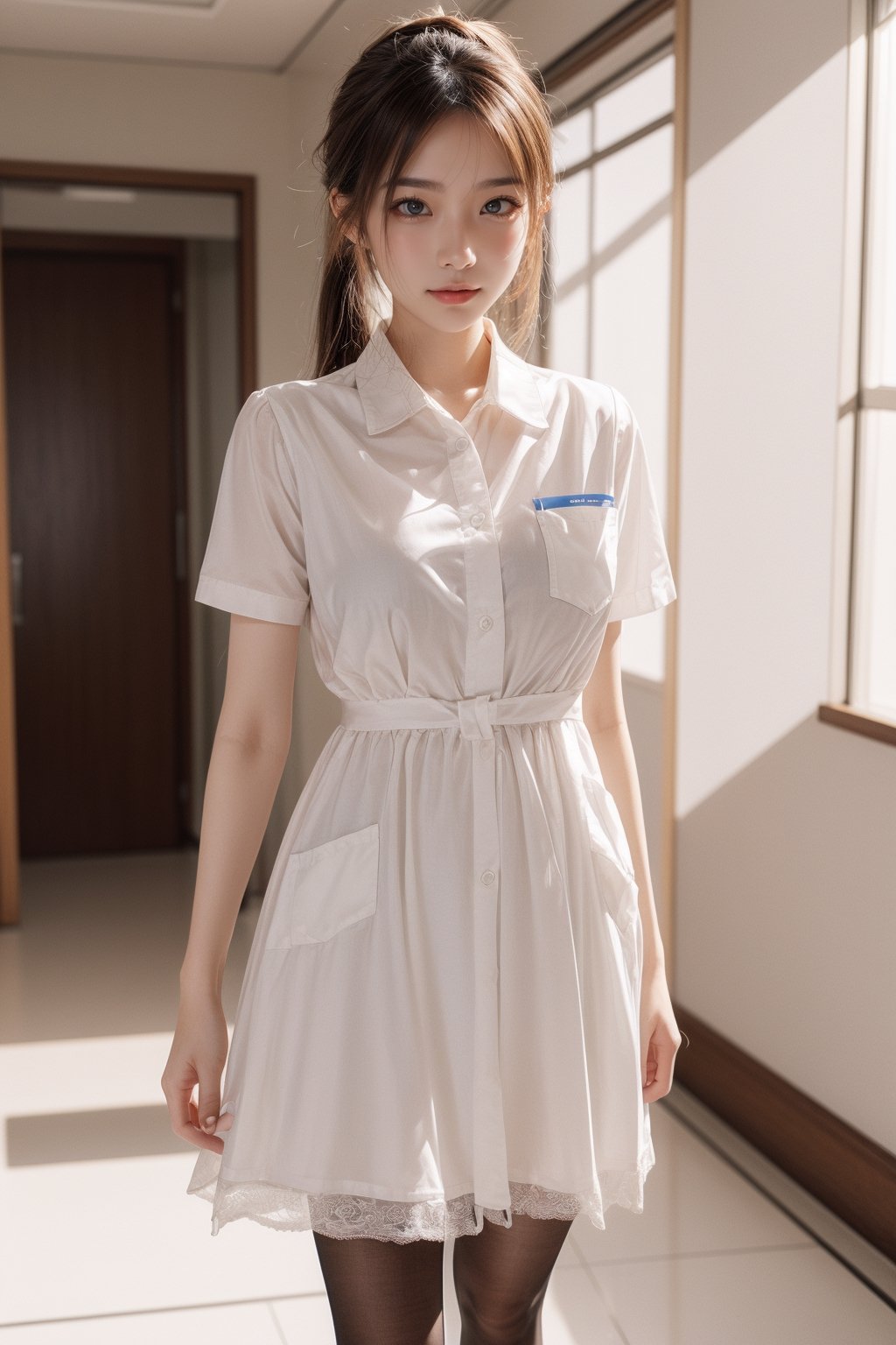 Super high resolution, masterpiece, highest quality,
Highly detailed face, detailed eyes, very complex, perfect shiny shiny skin, perfect lighting, detailed lighting, dramatic shadows, ray tracing, 20 years old, one Japan girl, with ponytail Hairstyle,nurse,big breasts,breast pocket, collared dress,white pantyhose,white loafer shoes,short dress, short sleeves, thighs, white dress,white shirt,looking at the viewer, (slight smile: 0.4),acjc,fullbody,hand holding injection needle,hospital corridor