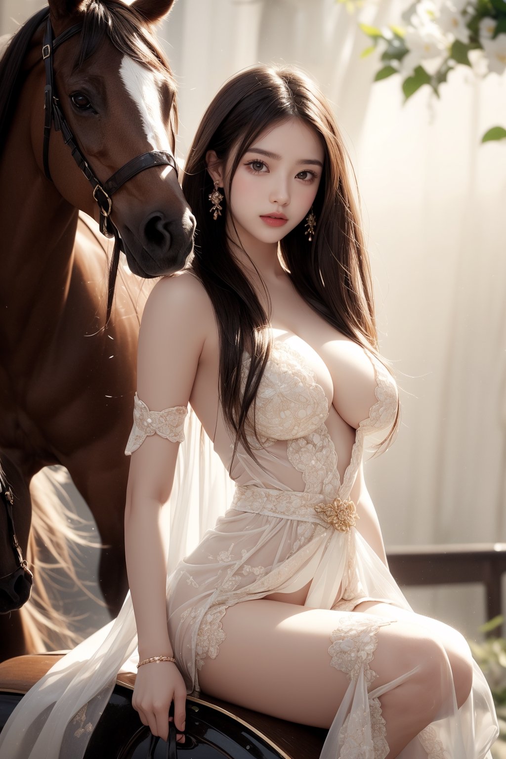 background forest,foggy,flower leaves flying in the wind,
20 yo, 1 girl, beautiful girl,big breasts,wearing beautiful hanfu(white transparent),cape(white transparent),riding a horse,shining bracelet, smile, solo, {beautiful and detailed eyes}, dark eyes, an energetic attitude, natural and soft light, delicate facial features, ((sex model pose)), Glamor body type, (dark hair:1.2), simple tiny earrings,very_long_hair,hair past hip, bang,straight hair, big buns,flim grain, realhands, masterpiece, Best Quality, 16k, photorealistic, ultra-detailed, finely detailed, high resolution, perfect dynamic composition, beautiful detailed eyes, eye smile,sharp-focus, full_body, sexy pose, cowboy_shot,Bomi,ancient_chinese_indoors,horse,riding,horseback_riding,Samurai girl