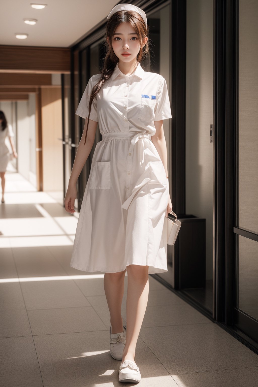 Super high resolution, masterpiece, highest quality,
Highly detailed face, detailed eyes, very complex, perfect shiny shiny skin, perfect lighting, detailed lighting, dramatic shadows, ray tracing, 20 years old, one Japan girl, with ponytail Hairstyle,nurse,large breasts,breast pocket, collared dress,white loafer shoes,short dress, short sleeves, thighs, white dress,white shirt,upper body,looking at the viewer, (slight smile: 0.4),acjc,walking posture,hospital corridor