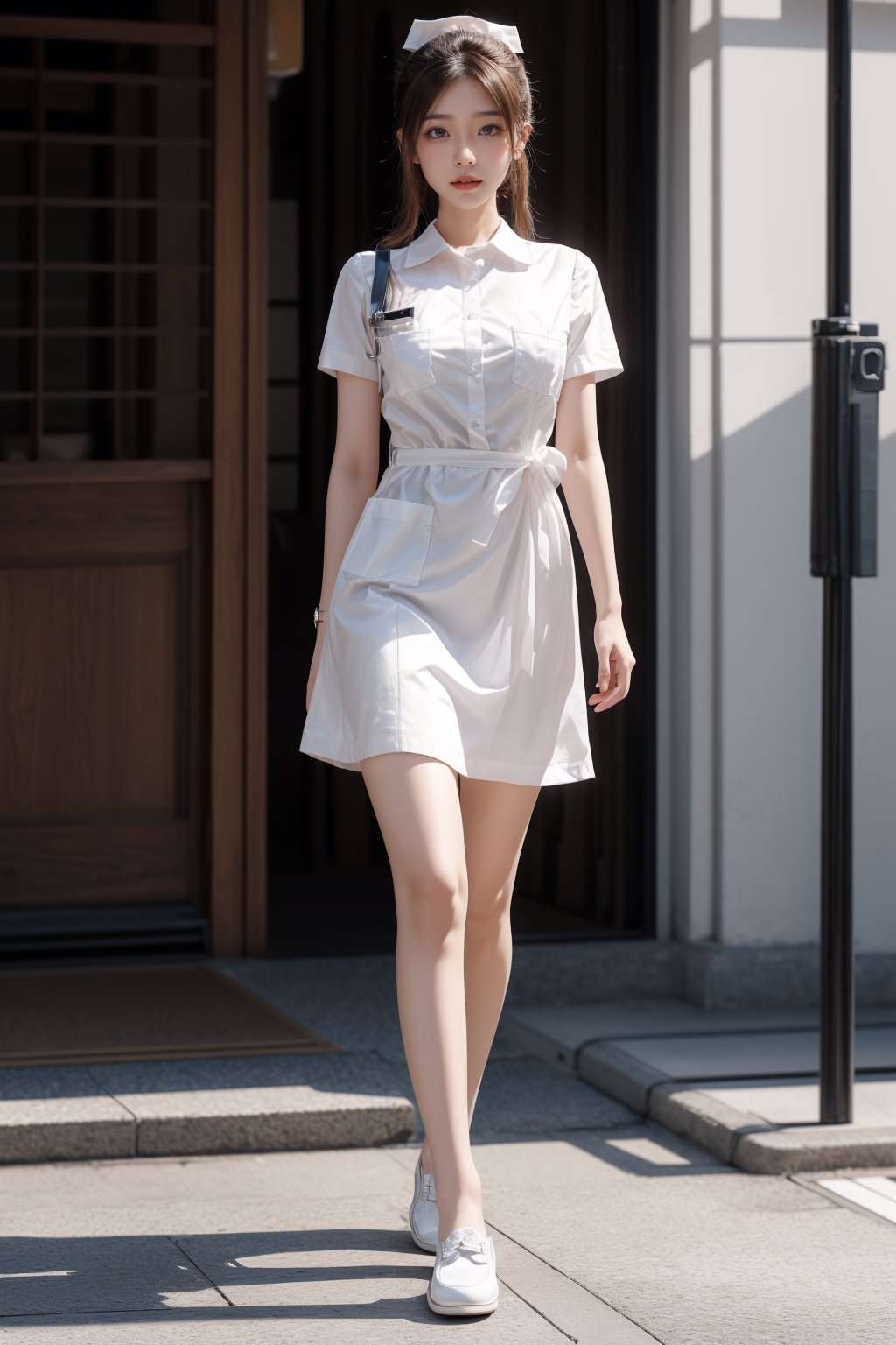 Super high resolution, masterpiece, highest quality,
Highly detailed face, detailed eyes, very complex, perfect shiny shiny skin, perfect lighting, detailed lighting, dramatic shadows, ray tracing, 20 years old, one Japan girl, with ponytail Hairstyle,nurse,breasts,breast pocket, collared dress,white pantyhose,white loafer shoes,short dress, short sleeves, thighs, white dress,white shirt,looking at the viewer, (slight smile: 0.4),acjc,fullbody,walking posture