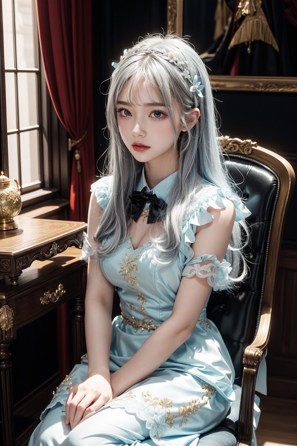 Masterpiece, beautiful details, perfect focus, uniform 8K wallpaper, high resolution, exquisite texture in every detail,
in castle room,
1loli, solo, princess, formal dress , sky blue dress  , white hair , long hair, shining aura ,  flower hair accessories ,  black trim , sitting on chair , :c , angry , hand on cheek and elbow on armrest , hand on armrest