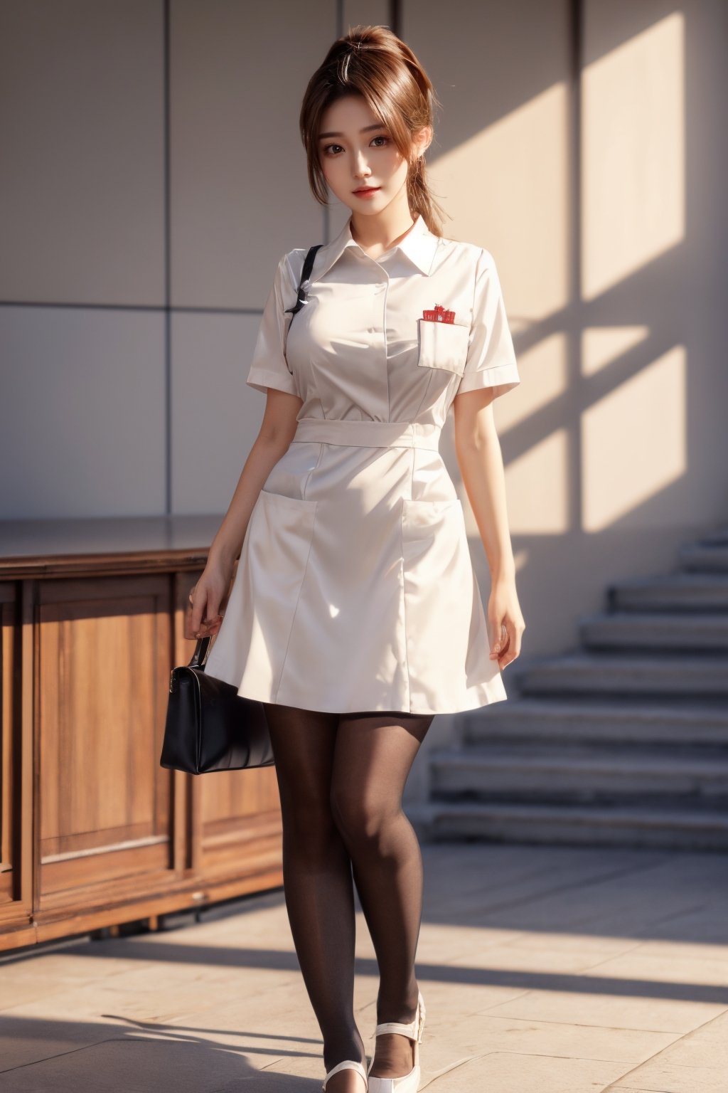 Super high resolution, masterpiece, highest quality,
Highly detailed face, detailed eyes, very complex, perfect shiny shiny skin, perfect lighting, detailed lighting, dramatic shadows, ray tracing, 20 years old, one girl, with ponytail Hairstyle,nurse,large breasts,breast pocket, collared dress, black pantyhose,short dress, short sleeves, thighs, white dress,, white shirt,nurse shoes,looking at the viewer, (slight smile: 0.4),acjc,fullbody