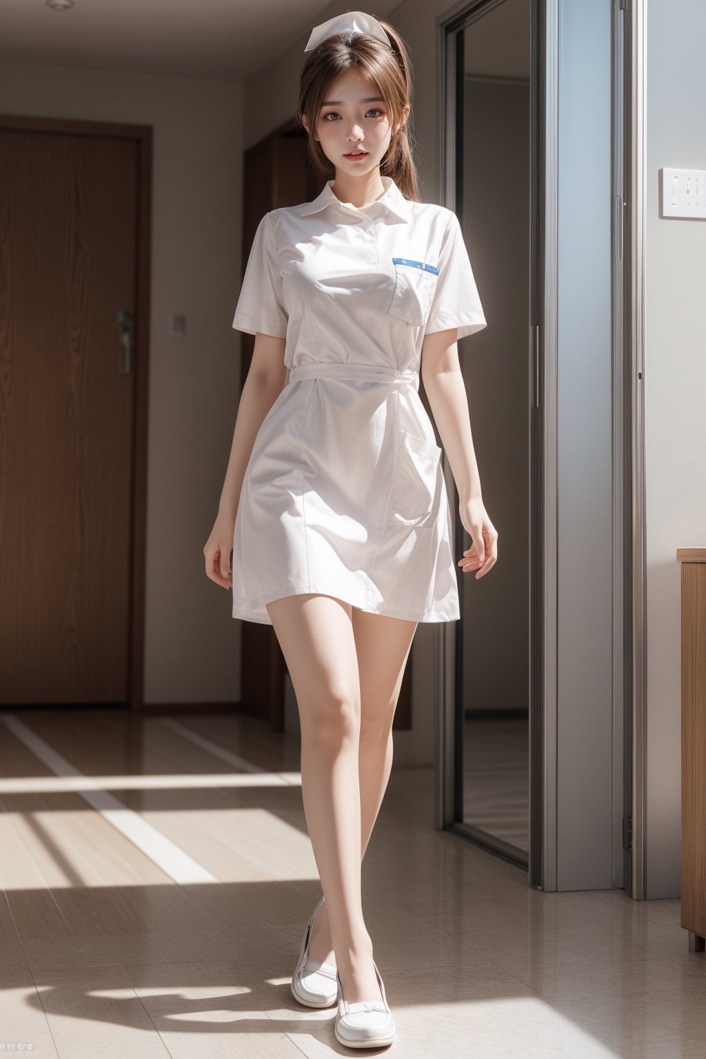 Super high resolution, masterpiece, highest quality,
Highly detailed face, detailed eyes, very complex, perfect shiny shiny skin, perfect lighting, detailed lighting, dramatic shadows, ray tracing, 20 years old, one Japan girl, with ponytail Hairstyle,nurse,big breasts,breast pocket, collared dress,white pantyhose,white loafer shoes,short dress, short sleeves, thighs, white dress,white shirt,looking at the viewer, (slight smile: 0.4),acjc,halfbody,walking posture,hospital corridor