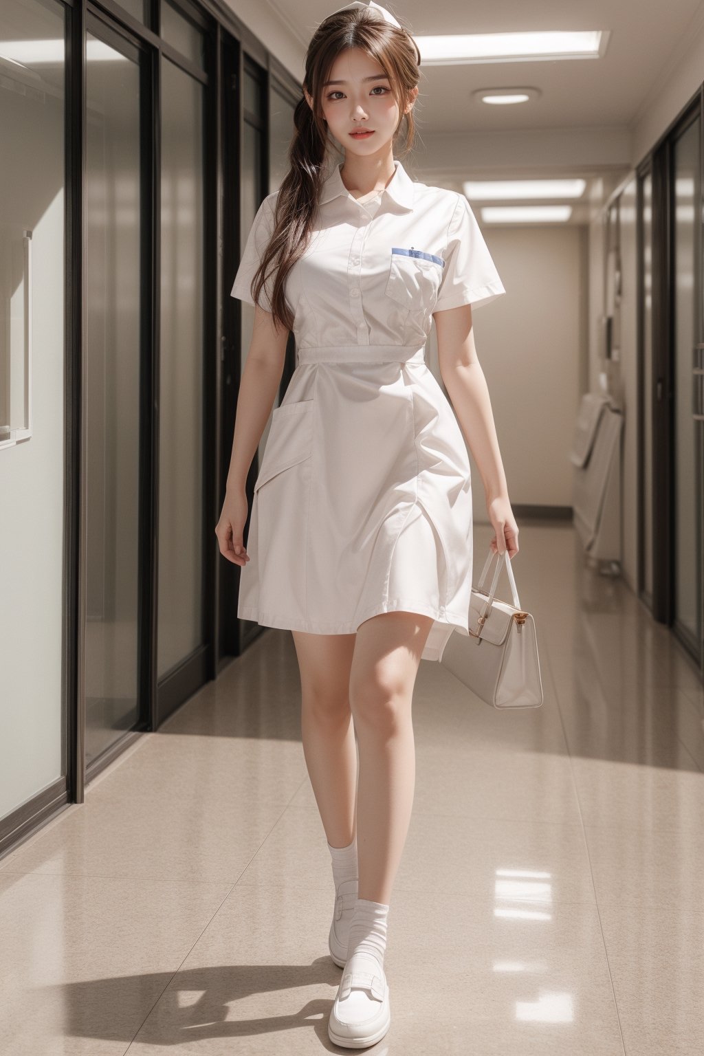 Super high resolution, masterpiece, highest quality,
Highly detailed face, detailed eyes, very complex, perfect shiny shiny skin, perfect lighting, detailed lighting, dramatic shadows, ray tracing, 20 years old, one Japan girl, with ponytail Hairstyle,nurse,big breasts,breast pocket, collared dress,white pantyhose,white loafer shoes,short dress, short sleeves, thighs, white dress,white shirt,looking at the viewer, (slight smile: 0.4),acjc,fullbody,walking posture,hospital corridor