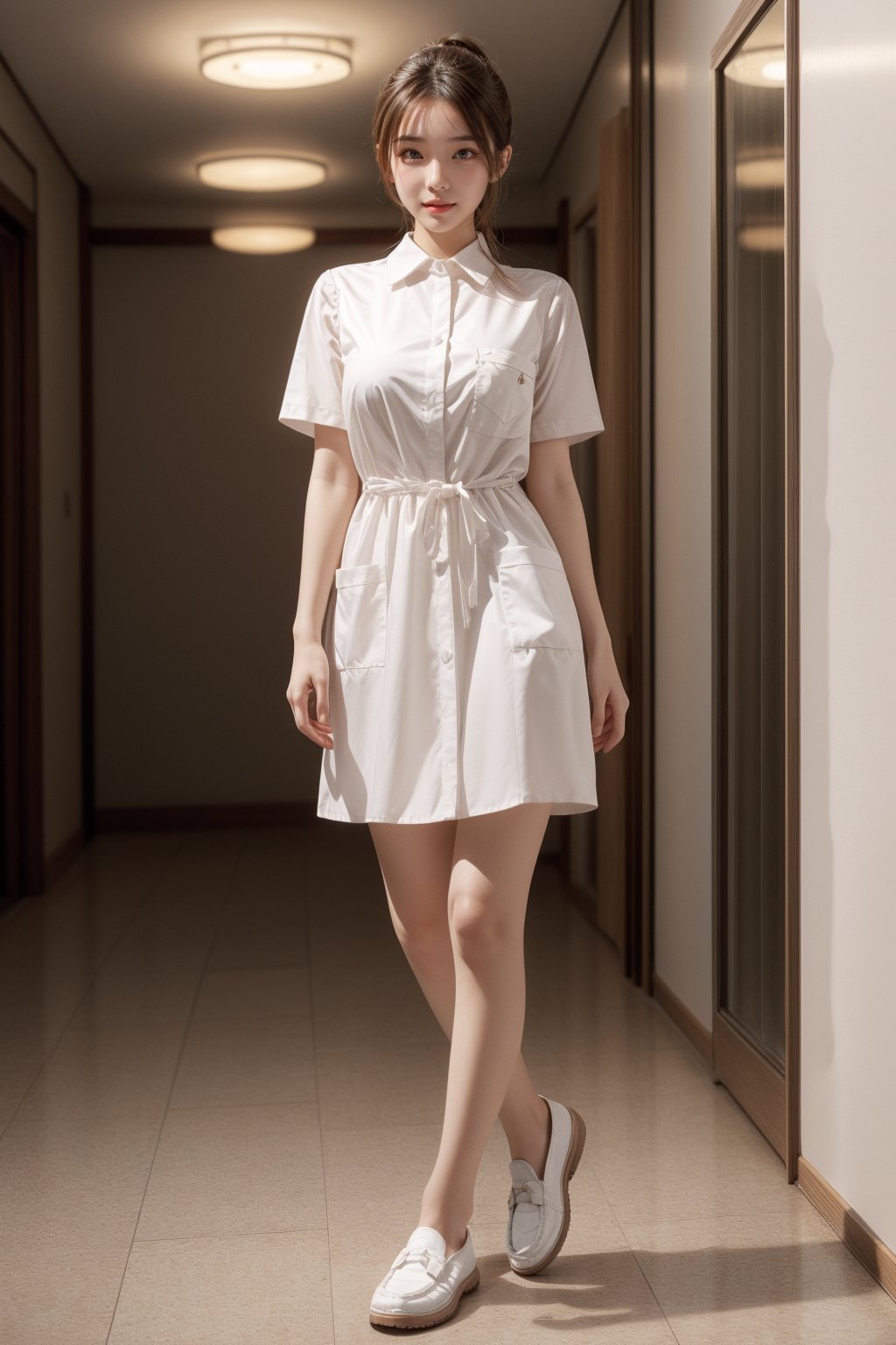 Super high resolution, masterpiece, highest quality,
Highly detailed face, detailed eyes, very complex, perfect shiny shiny skin, perfect lighting, detailed lighting, dramatic shadows, ray tracing, 20 years old, one Japan girl, with ponytail Hairstyle,nurse,large breasts,breast pocket,halfbody,collared dress,white loafer shoes,short dress, short sleeves, thighs, white dress,white shirt,upper body,looking at the viewer, (slight smile: 0.4),hospital corridor,model pose