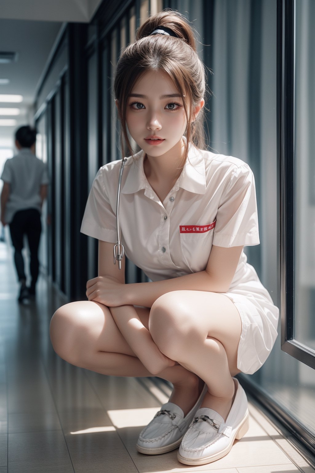 Super high resolution, masterpiece, highest quality,
Highly detailed face, detailed eyes, very complex, perfect shiny shiny skin, perfect lighting, detailed lighting, dramatic shadows, ray tracing, 20 years old, one Japan girl, with ponytail Hairstyle,nurse,large breasts,breast pocket,halfbody,collared dress,white loafer shoes,short dress, short sleeves, thighs, white dress,white shirt,upper body,looking at the viewer, (slight smile: 0.4),acjc,hospital corridor,Squat down