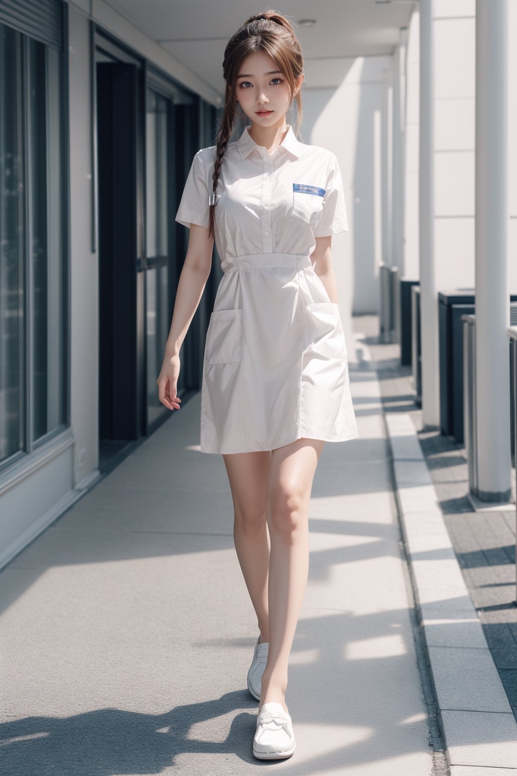 Super high resolution, masterpiece, highest quality,
Highly detailed face, detailed eyes, very complex, perfect shiny shiny skin, perfect lighting, detailed lighting, dramatic shadows, ray tracing, 20 years old, one Japan girl, with ponytail Hairstyle,nurse,large breasts,breast pocket,halfbody,collared dress,white loafer shoes,short dress, short sleeves, thighs, white dress,white shirt,upper body,looking at the viewer, (slight smile: 0.4),acjc,walking posture,hospital corridor