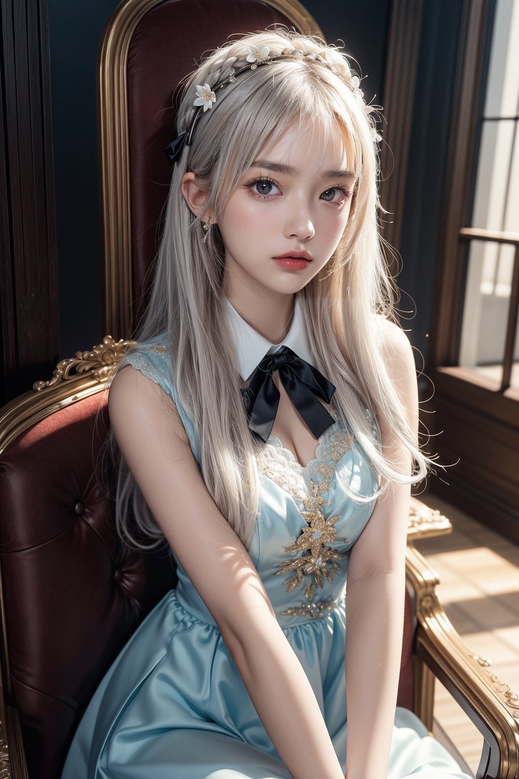 Masterpiece, beautiful details, perfect focus, uniform 8K wallpaper, high resolution, exquisite texture in every detail,
in castle room,
1loli, solo, princess, formal dress , sky blue dress  , white hair , long hair, shining aura ,  flower hair accessories ,  black trim , sitting on chair , :c , angry , hand on cheek and elbow on armrest , hand on armrest