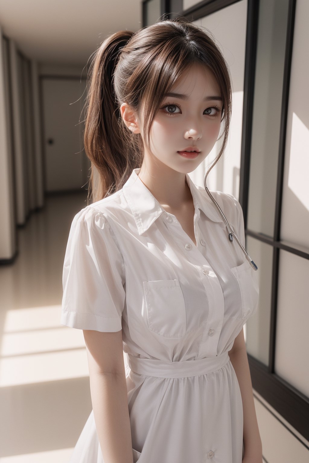 Super high resolution, masterpiece, highest quality,
Highly detailed face, detailed eyes, very complex, perfect shiny shiny skin, perfect lighting, detailed lighting, dramatic shadows, ray tracing, 20 years old, one Japan girl, with ponytail Hairstyle,nurse,large breasts,breast pocket,halfbody,collared dress,white loafer shoes,short dress, short sleeves, thighs, white dress,white shirt,upper body,looking at the viewer, (slight smile: 0.4),acjc,hospital corridor