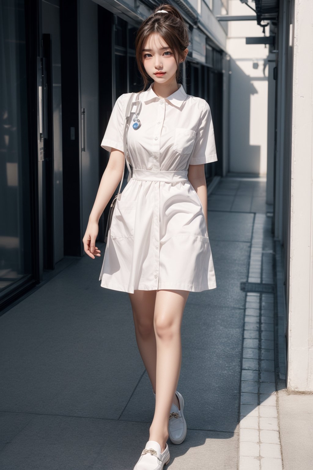 Super high resolution, masterpiece, highest quality,
Highly detailed face, detailed eyes, very complex, perfect shiny shiny skin, perfect lighting, detailed lighting, dramatic shadows, ray tracing, 20 years old, one Japan girl, with ponytail Hairstyle,nurse,large breasts,breast pocket, collared dress,white pantyhose,white loafer shoes,short dress, short sleeves, thighs, white dress,white shirt,looking at the viewer, (slight smile: 0.4),acjc,upper body,walking posture,hospital corridor