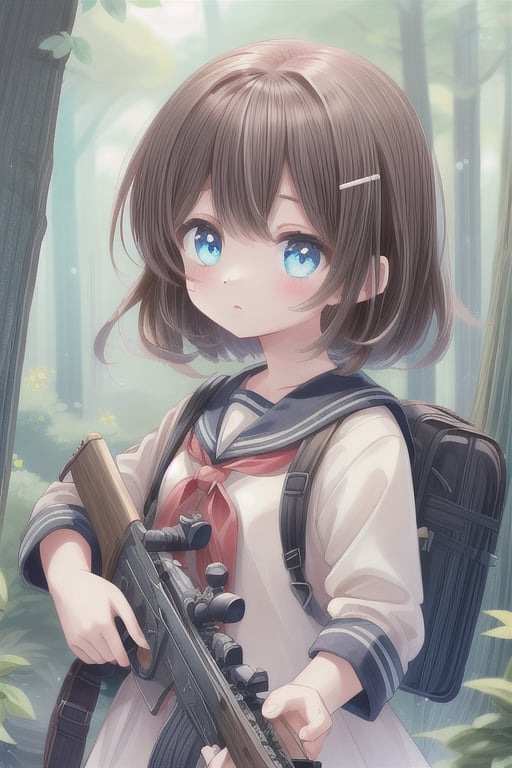 (masterpiece:1.2) , (best quality:1.2) , (ultra-detailed:1.2), 2.5D,extremely detailed,anime,,dark brown hair,Medium hair,hairpin,BREAK,blue eyes,BREAK,forest,serafuku,machine gun