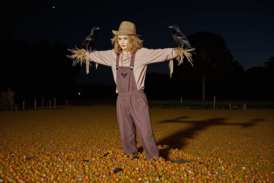 A scarecrow, in a candy corn field at night, the scarecrow has ravens sitting on its arms, 