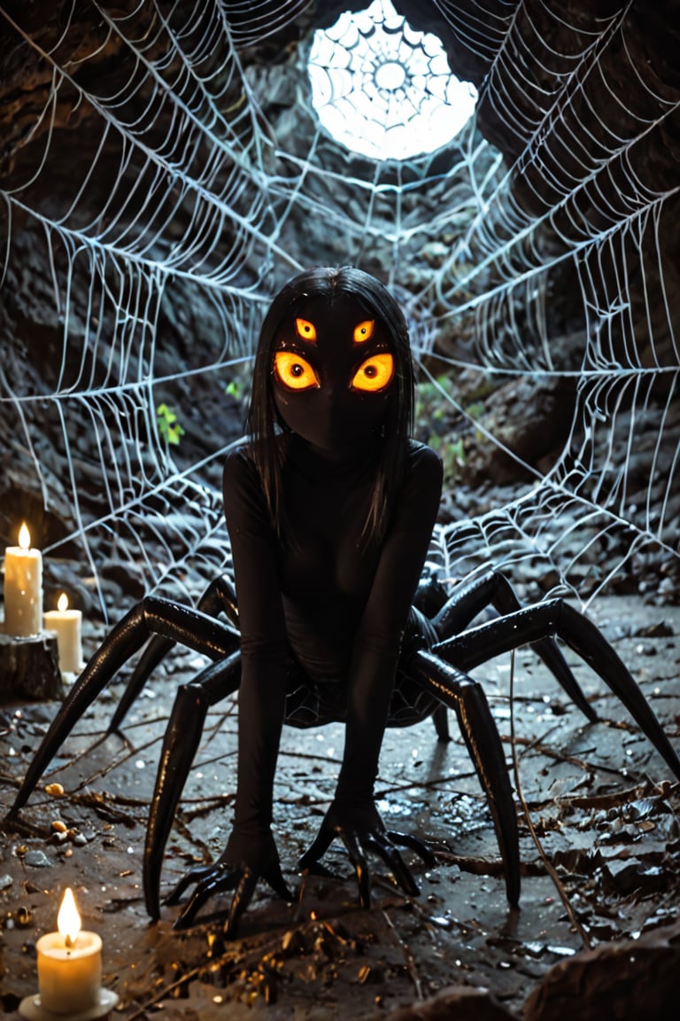 Score_9,
(Anthropomorphic woman):(spider, black hair, spider eyes,extra eyes,yellow glowing srclea cephalopod eyes,),
Extreme spider webs, dark cave, candle light,