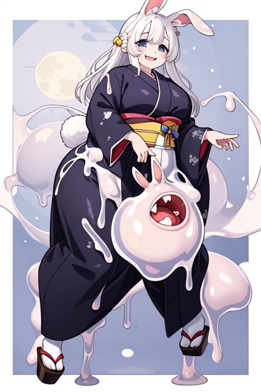 anime illustration of a savage rabbit girl, made of slime. Fat, drooling, and savage. Wears japanese clothes, and seems friendly, but savage. Has rabbit ears and a rabbit tail, and very white skin due to being made of white slime. 

(bunny_ear, monster girl, rabbit_girl, Rabbit_ears,  rabbit_ears)

(kimono, hakama, robes, Japanese_clothes, robes)

(big_hips, wide_hips, Chubby)

(slime, melting, gooey, white_slime, slime_covered,slimecpt)

(white_eyes, clear_eyes, smile, drool, white_hair, white_hair)

(glow, aura, ki, moon)