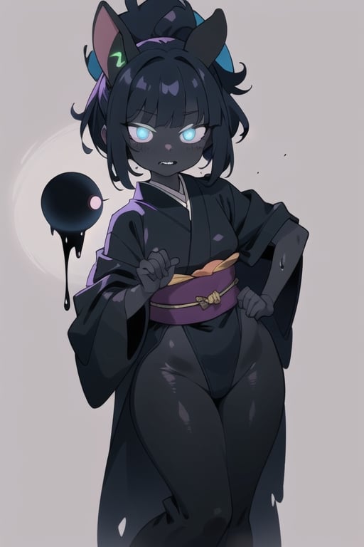 anime illustration of a scary shadow rabbit girl, anime, black_skin, rabbit_ears, glowing_eyes, aura, ki, cream, peach,1girl, robes, gooey, slime_covered, bunny_ear, moon, big_hips, robes, Japanese_clothes, robes, slime