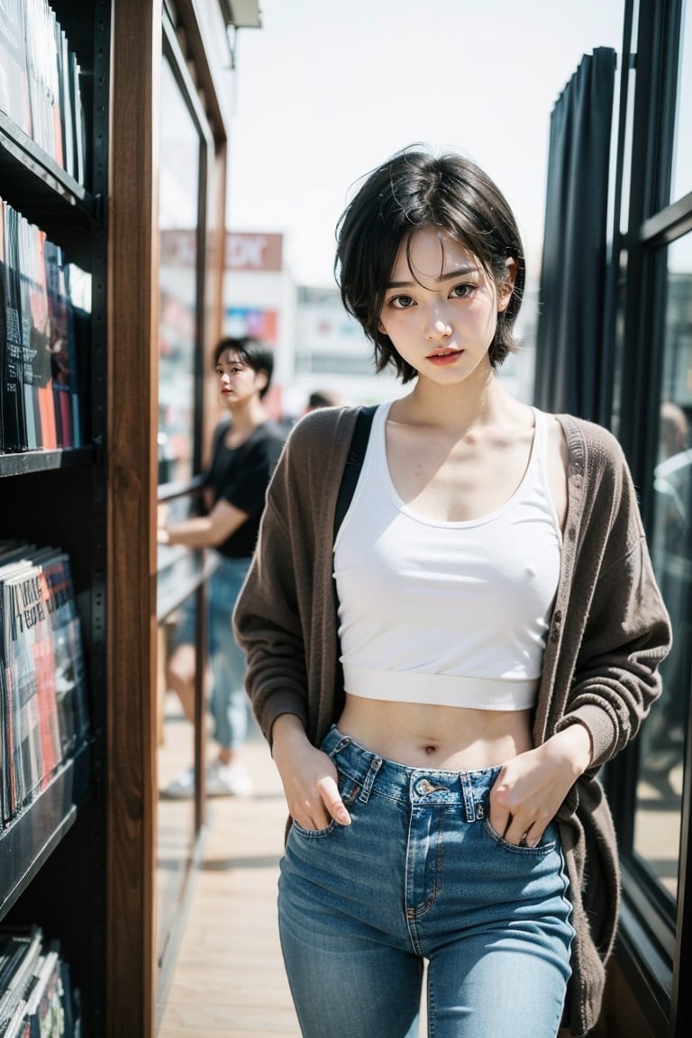 (masterpiece:1.2, best quality), (1lady :1.5), Tomboy, (full color:1.5), Clothes: (loose cardigan, t shirt, vintage lightwash high-waisted loose jeans:1.5), (Appearance: black hair, fit, muscular, abs, short hair, natural makeup, long legs, cute, petite, adult, hot body, brown eyes: small breasts, 25_years_old: 1.5), Location: record_store, music_store, (Hobbies: workout, athletic, music, indie, shoegaze), SFW, mid_twenties, adult, asian girl, boyish, painted_nails, painted finger nails, blue nail polish, Tomboy, best_friend, friend, platonic