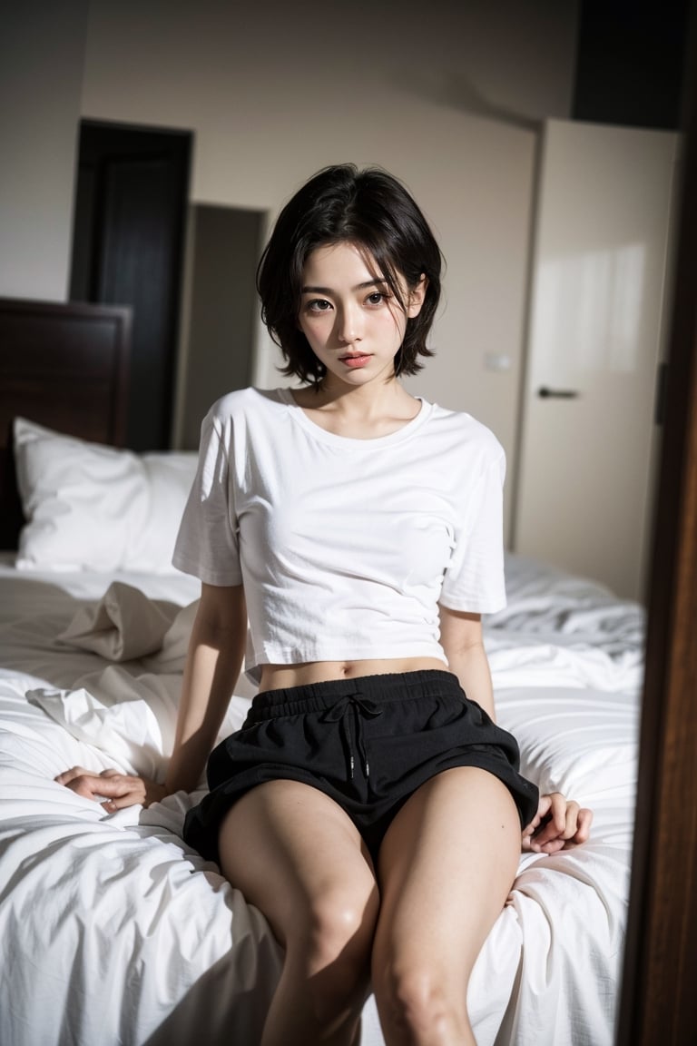 (masterpiece:1.2, best quality), (1lady, solo, lying_on_back, looking_at_viewer:1.5), Tomboy, (full color:1.5), Clothes: (baggy tee-shirt, lace_panties:1.5), (Appearance: dark_brown_hair, fit, muscular, short hair, natural makeup, long legs, cute, petite, adult, hot body, brown eyes: small breasts, 25_years_old, pubic_hair(female): 1.5), Location: bed, bedroom, (Hobbies: art, music, indie, shoegaze), NSFW, mid_twenties, adult, asian girl, boyish, painted_nails, polish, Tomboy, eye_contact, after-sex, cum, exhausted, knees_up, legs_apart, arousal