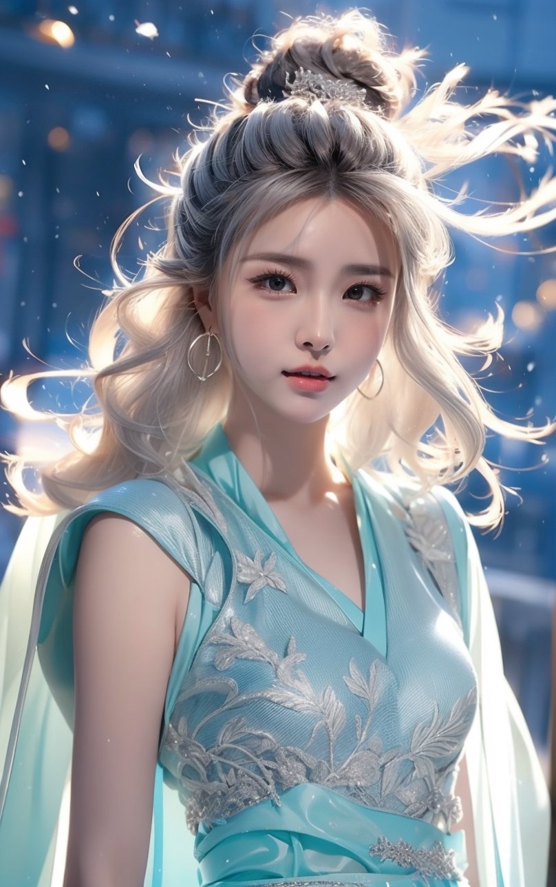 The background is midnight sky,big blue moon,dark night,snow blowing,16 yo, 1 girl,sword,halo,shining bracelet,beautiful hanfu(white, transparent),cape, cloth blowing in wind, solo, {beautiful and detailed eyes}, calm expression, natural and soft light, delicate facial features, cute japanese idol, very small earrings, ((model pose)), Glamor body type, (silver hair:1.2),  beehive,big bun,very_long_hair, hair past hip, curly hair, flim grain, realhands, masterpiece, Best Quality, photorealistic, ultra-detailed, finely detailed, high resolution, perfect dynamic composition, beautiful detailed eyes, eye smile, ((nervous and embarrassed)), sharp-focus, full_body, sexy pose,QQQ3