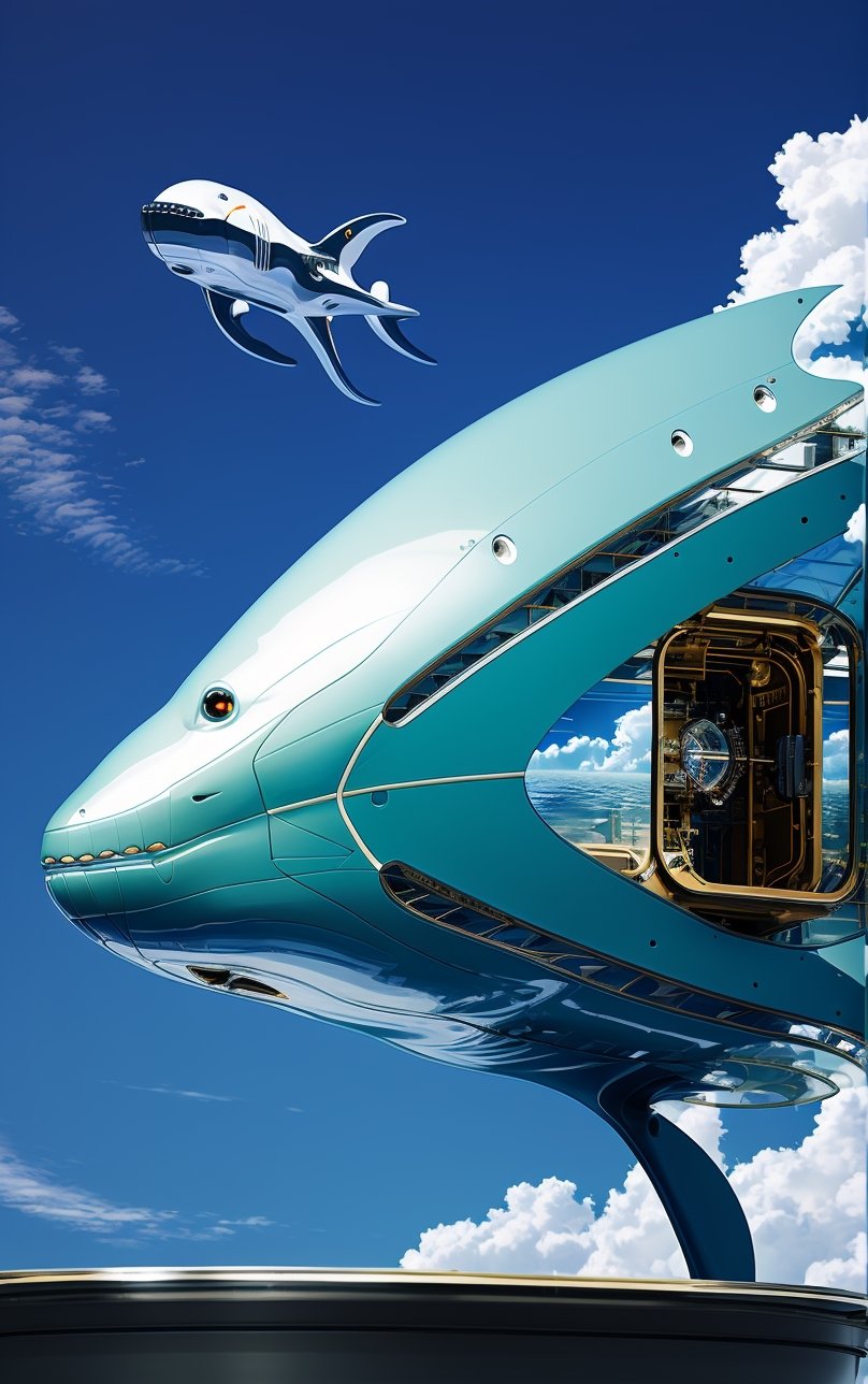 Best quality, Masterpiece, Beautiful and aesthetic, 32K, High contrast, Natural and soft light, Realistic, Photorealistic, Ultra detailed, Finely detailed, High resolution, Perfect dynamic composition, A huge whale-shaped spaceship, Flying in the blue sky and white clouds, The upper part of the whale-shaped spaceship is a transparent glass cover, There are small architectural clusters inside the glass cover, Whale fin-shaped wings with turbo rockets, The whale-shaped spacecraft has turbo rockets on both sides of its belly, Mechanical fish