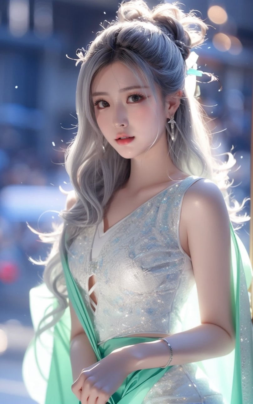 The background is midnight sky,big blue moon,dark night,snow blowing,16 yo, 1 girl,sword,halo,shining bracelet,beautiful hanfu(white, transparent),cape, cloth blowing in wind, solo, {beautiful and detailed eyes}, calm expression, natural and soft light, delicate facial features, cute japanese idol, very small earrings, ((model pose)), Glamor body type, (silver hair:1.2),  beehive,big bun,very_long_hair, hair past hip, curly hair, flim grain, realhands, masterpiece, Best Quality, photorealistic, ultra-detailed, finely detailed, high resolution, perfect dynamic composition, beautiful detailed eyes, eye smile, ((nervous and embarrassed)), sharp-focus, full_body, sexy pose,QQQ3