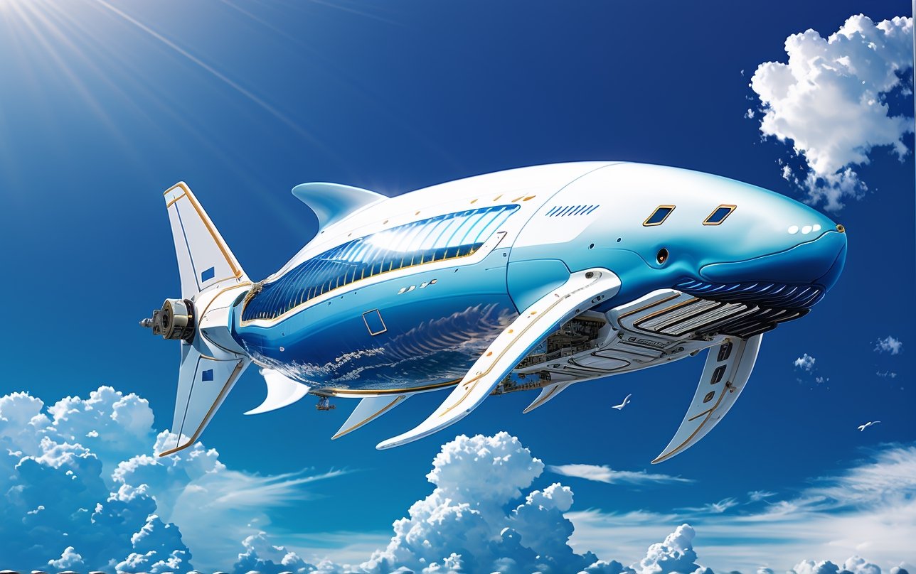 Best quality, Masterpiece, Beautiful and aesthetic, 32K, High contrast, Natural and soft light, Realistic, Photorealistic, Ultra detailed, Finely detailed, High resolution, Perfect dynamic composition, A huge whale-shaped spaceship, Flying in the blue sky and white clouds, The upper part of the whale-shaped spaceship is a transparent glass cover, There are small architectural clusters inside the glass cover, Whale fin-shaped wings with turbo rockets, The whale-shaped spacecraft has turbo rockets on both sides of its belly, Mechanical fish