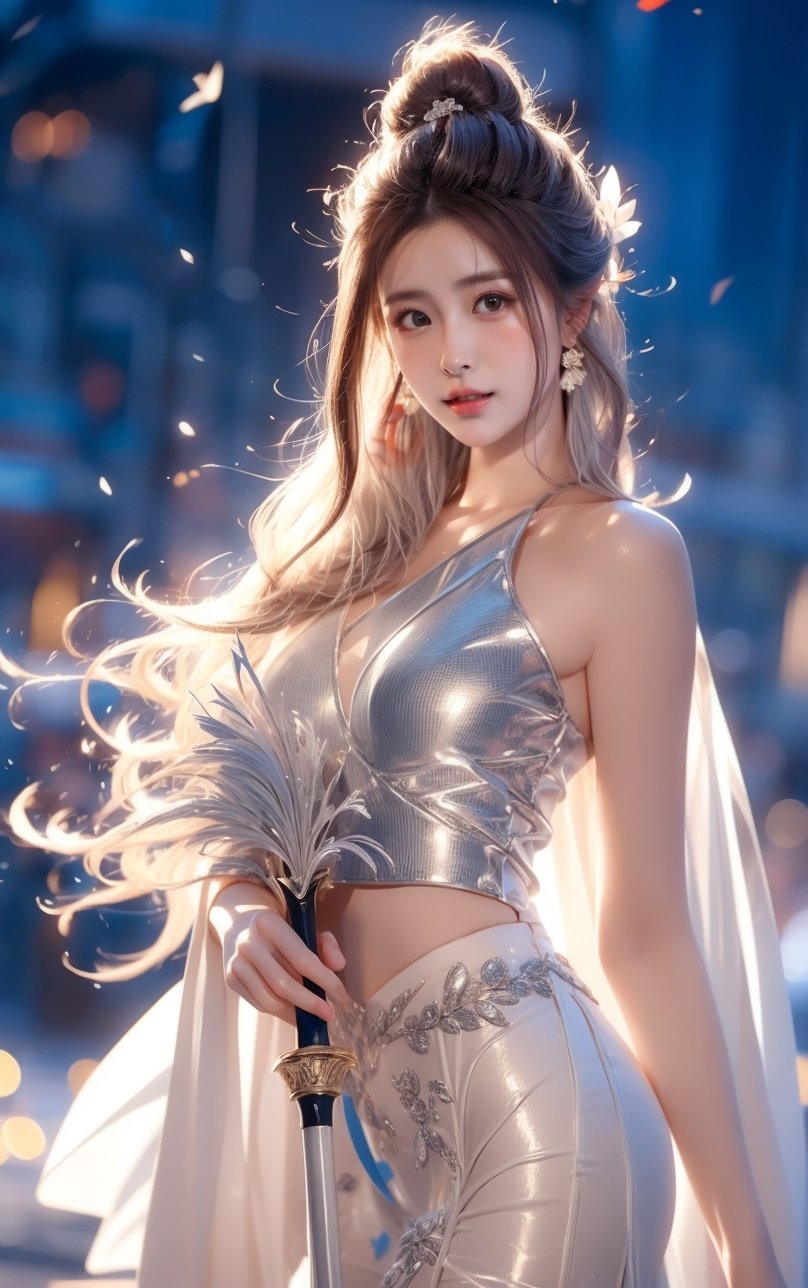 The background is midnight sky,big blue moon,dark night,snow blowing,16 yo, 1 girl,sword,halo,shining bracelet,beautiful hanfu(white, transparent),cape, cloth blowing in wind, solo, {beautiful and detailed eyes}, calm expression, natural and soft light, delicate facial features, cute japanese idol, very small earrings, ((model pose)), Glamor body type, (silver hair:1.2),  beehive,big bun,very_long_hair, hair past hip, curly hair, flim grain, realhands, masterpiece, Best Quality, photorealistic, ultra-detailed, finely detailed, high resolution, perfect dynamic composition, beautiful detailed eyes, eye smile, ((nervous and embarrassed)), sharp-focus, full_body, sexy pose,QQQ3