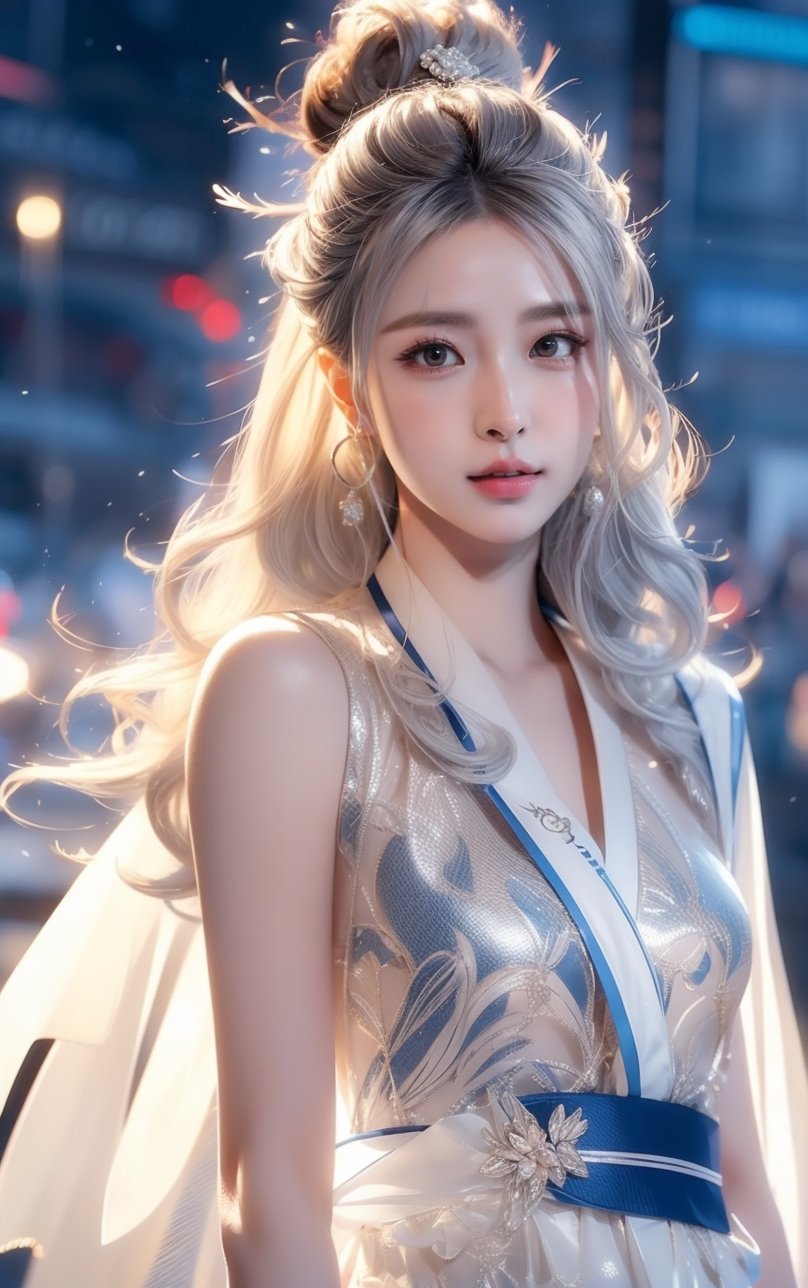 The background is midnight sky,big blue moon,dark night,snow blowing,16 yo, 1 girl,sword,halo,shining bracelet,beautiful hanfu(white, transparent),cape, cloth blowing in wind, solo, {beautiful and detailed eyes}, calm expression, natural and soft light, delicate facial features, cute japanese idol, very small earrings, ((model pose)), Glamor body type, (silver hair:1.2),  beehive,big bun,very_long_hair, hair past hip, curly hair, flim grain, realhands, masterpiece, Best Quality, photorealistic, ultra-detailed, finely detailed, high resolution, perfect dynamic composition, beautiful detailed eyes, eye smile, ((nervous and embarrassed)), sharp-focus, full_body, sexy pose,QQQ3