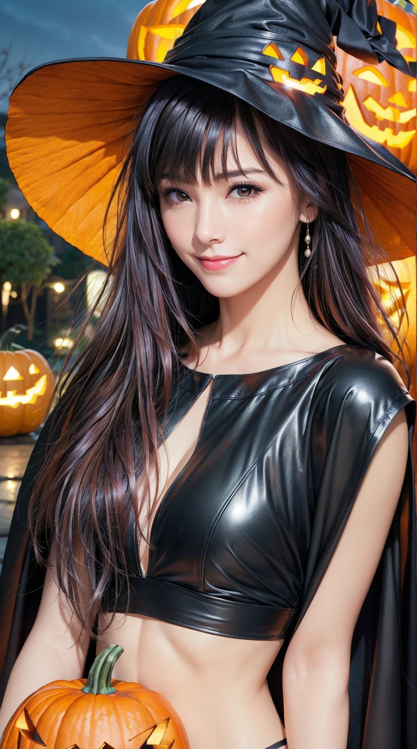 Prompt: (Masterpiece, best quality, photorealistic, high resolution, 8K raw photo, Light), 1 girl, solo, young girl, smile, looking at viewer, (upper body:1.4), (long hair, black hair, bangs:1.3), Witch hat, cloak, black underwear, shiny leather underwear, outdoor, night, (pumpkin, pumpkin lantern:1.3), shop background,