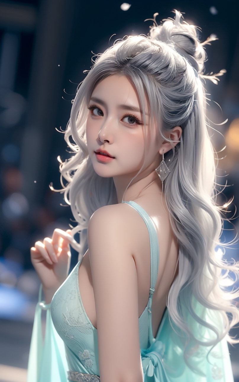 The background is midnight sky,big blue moon,dark night,snow blowing,16 yo, 1 girl,sword,halo,shining bracelet,beautiful hanfu(white, transparent),cape, cloth blowing in wind, solo, {beautiful and detailed eyes}, calm expression, natural and soft light, delicate facial features, cute japanese idol, very small earrings, ((model pose)), Glamor body type, (silver hair:1.2),  beehive,big bun,very_long_hair, hair past hip, curly hair, flim grain, realhands, masterpiece, Best Quality, photorealistic, ultra-detailed, finely detailed, high resolution, perfect dynamic composition, beautiful detailed eyes, eye smile, ((nervous and embarrassed)), sharp-focus, full_body, sexy pose,QQQ3