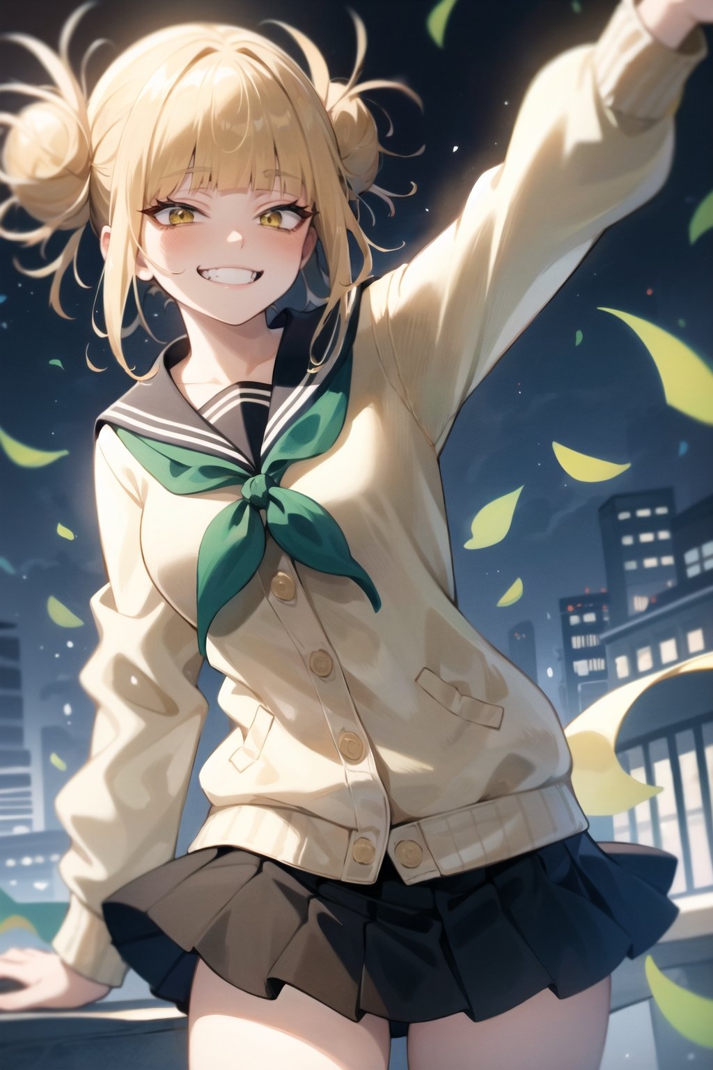 cowboy shot,1girl, miniskirt, yellow cardigan, long sleeves, sailor collar, red neckerchief, black kneehighs, blond_hair, toga himiko, serafuku, black skirt, neckerchief, dynamic pose, city backgorund,1 girl, evil grin, smiling,HimikoT,green theme