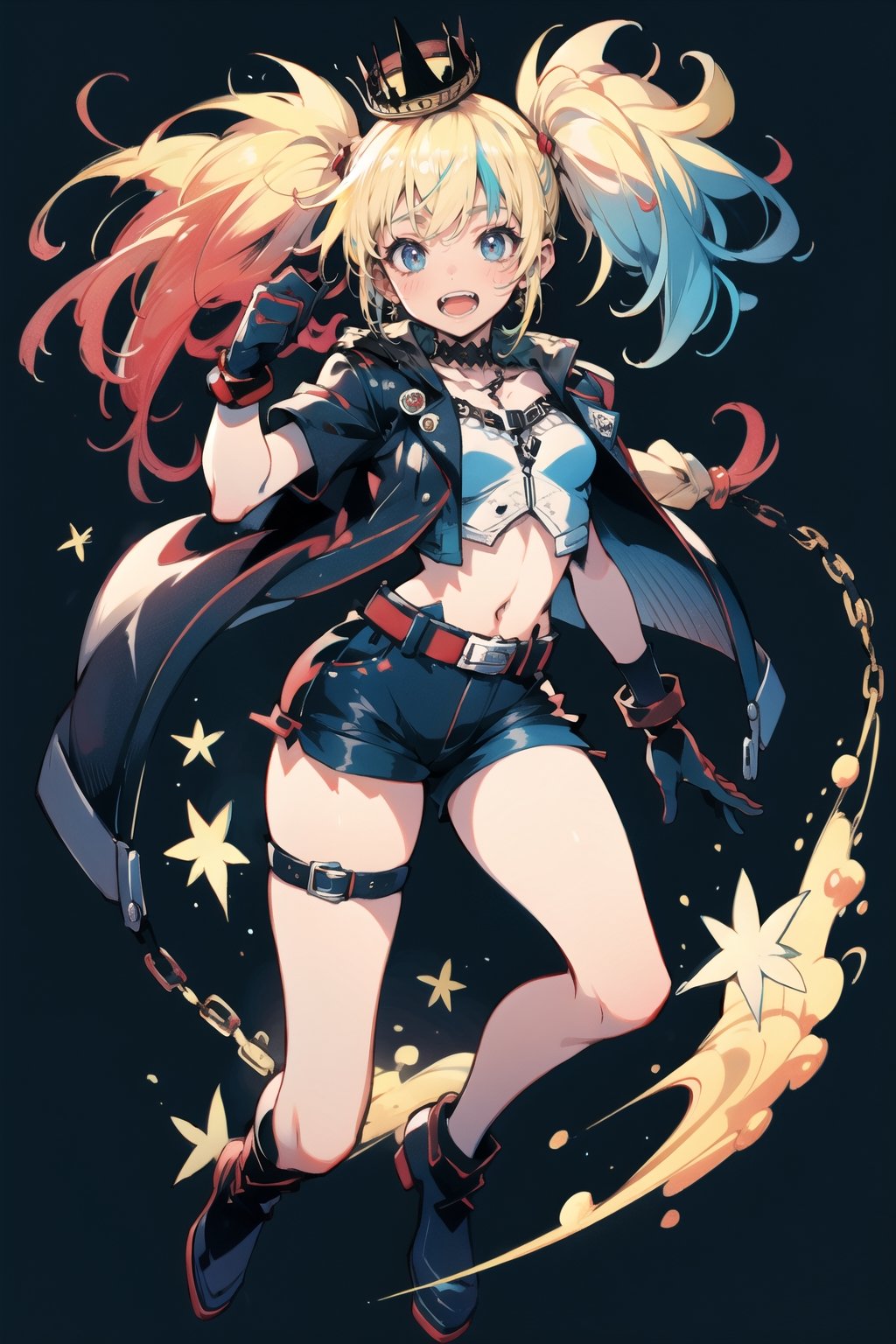 cowboy shot,1girl, harley quinn, solo, long hair, 😘,blue eyes, twin_tails, white skin, short sleeves, shorts midriff studded belt fishnets, chain gloves bracelet,choker crown, bangs, blunt bangs, (blue eyes:1.1), blonde hair, ), ahoge, full body, :d, single braid, looking at viewer,(best quality), dynamic pose, city backgorund,1 girl,choker crown, open red and black jacket, shorts midriff studded belt fishnets, chain gloves, bracelet