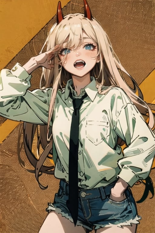 cowboy shot,1girl ,chinatsumura, powerdef, power (chainsawman) , horns, cross-shaped pupils , white shirt, pants, collared shirt, black necktie, blue jacket, , red shirt, denim shorts, clothes writing , sharp teeth, teeth , smiling, very longe hair , orange eyes,edgGesugao,green theme