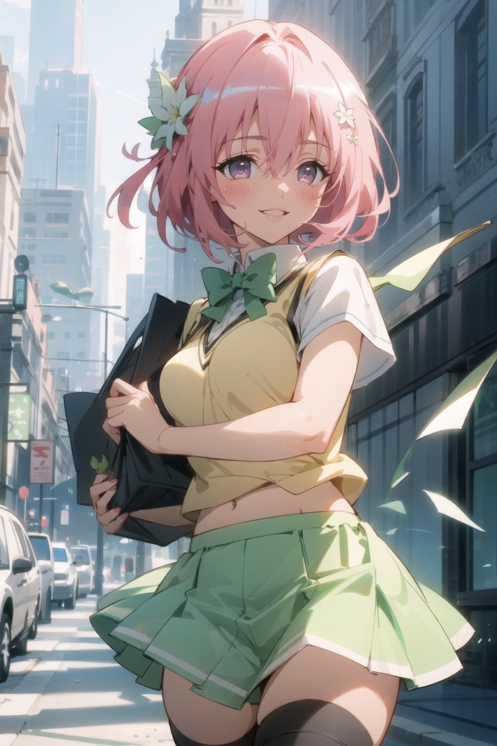 cowboy shot,1girl, momo Belia deviluke, hair flower, green bowtie, yellow sweater vest, white shirt, short sleeves, green skirt, black thighhighs, medium breasts, cute smile, dynamic pose, city background