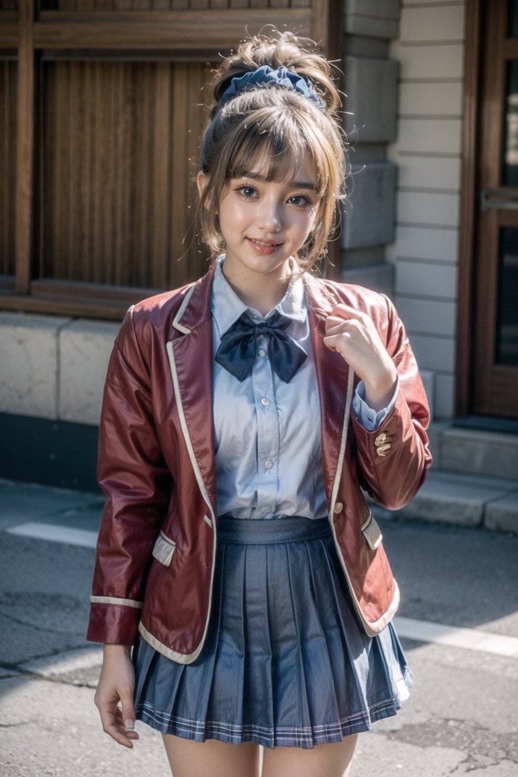 cowboy shot,1girl, kei karuizawa, solo, long hair, 😘,blue eyes,  bangs, blunt bangs, (purple eyes:1.1), blonde hair, shirt, hair ornament, ponytail, scrunchie, blue scrunchie,braid, open mouth, blond hair, smile, hair ornament, skirt, shirt, bow, school uniform, jacket, (red jacket:1.2), pleated skirt, bowtie, sweater, (blue bow:1.2), (blue shirt:1.2), ahoge, full body, :d, single braid, looking at viewer,(best quality), dynamic pose, city backgorund,1 girl,green theme