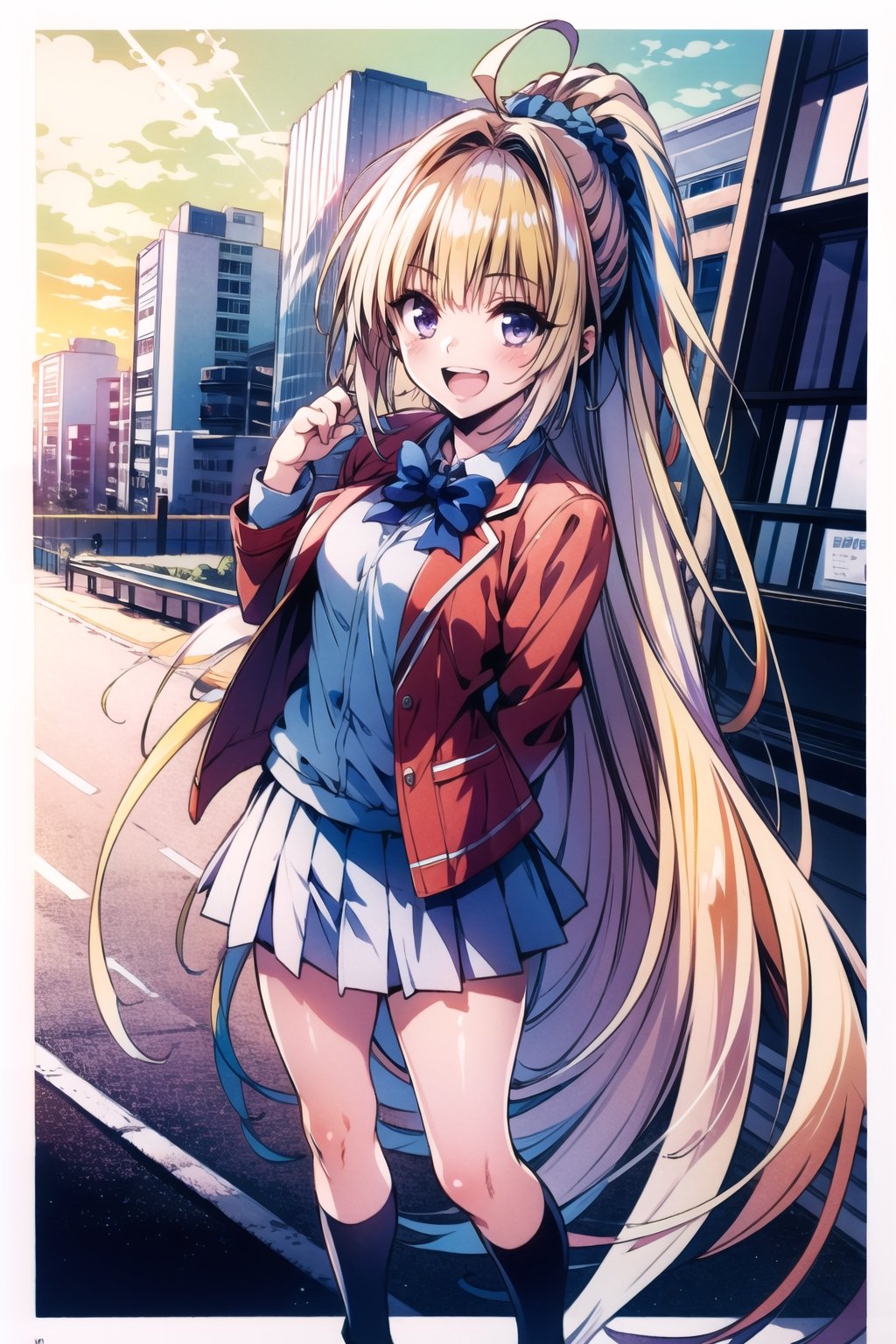 cowboy shot,1girl, kei karuizawa, solo, long hair, 😘,blue eyes, long hair, bangs, blunt bangs, (purple eyes:1.1), blonde hair, shirt, hair ornament, ponytail, scrunchie, blue scrunchie,braid, very long hair, open mouth, blond hair, smile, hair ornament, skirt, shirt, bow, school uniform, jacket, (red jacket:1.2), pleated skirt, bowtie, sweater, (blue bow:1.2), (blue shirt:1.2), ahoge, full body, :d, single braid, looking at viewer,(best quality), dynamic pose, city backgorund