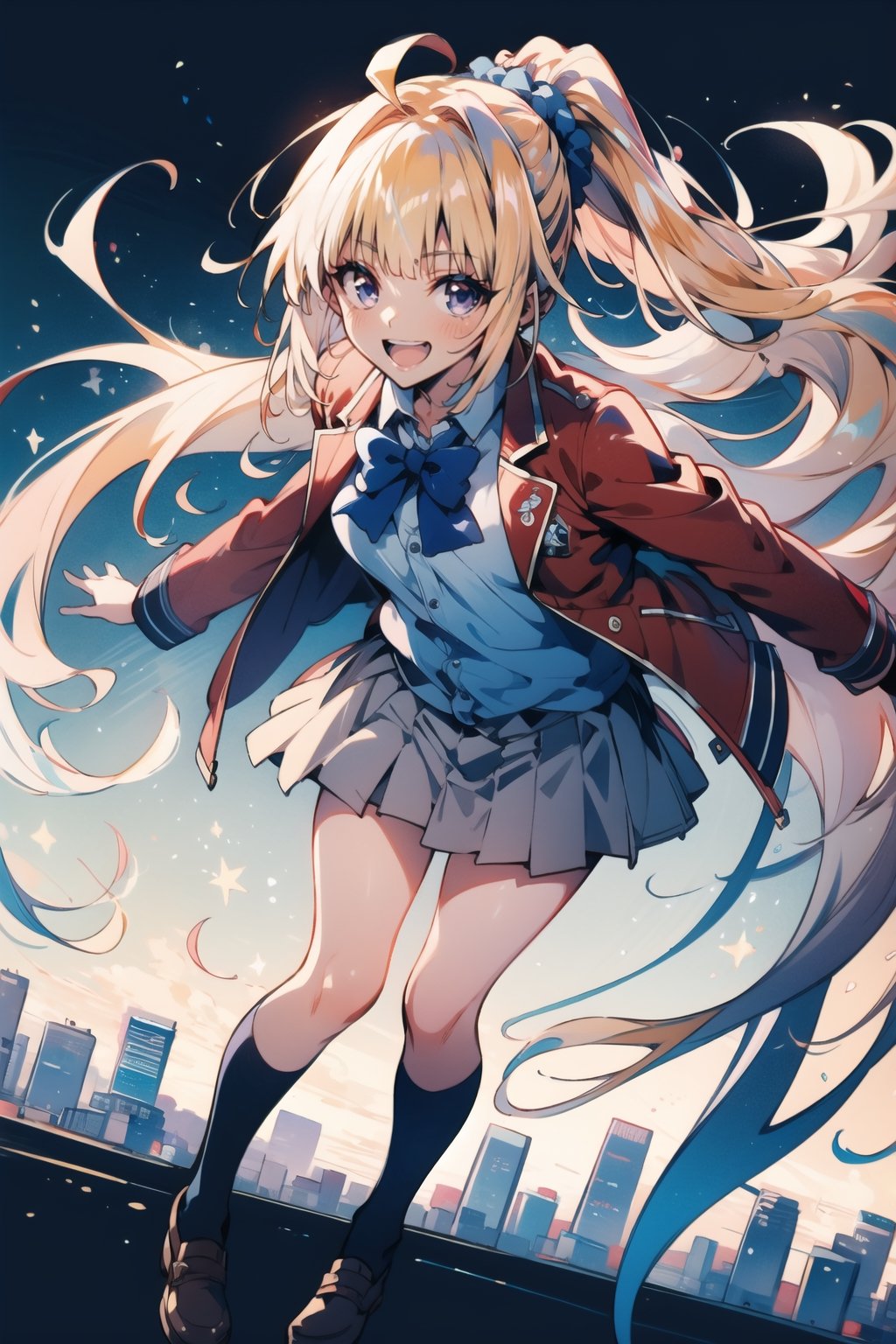 cowboy shot,1girl, kei karuizawa, solo, long hair, 😘,blue eyes, bangs, blunt bangs, (purple eyes:1.1), blonde hair, shirt, hair ornament, ponytail, scrunchie, blue scrunchie,braid, open mouth, blond hair, smile, hair ornament, skirt, shirt, bow, school uniform, jacket, (red jacket:1.2), pleated skirt, bowtie, sweater, (blue bow:1.2), (blue shirt:1.2), ahoge, full body, :d, single braid, looking at viewer,(best quality), dynamic pose, city backgorund,1 girl