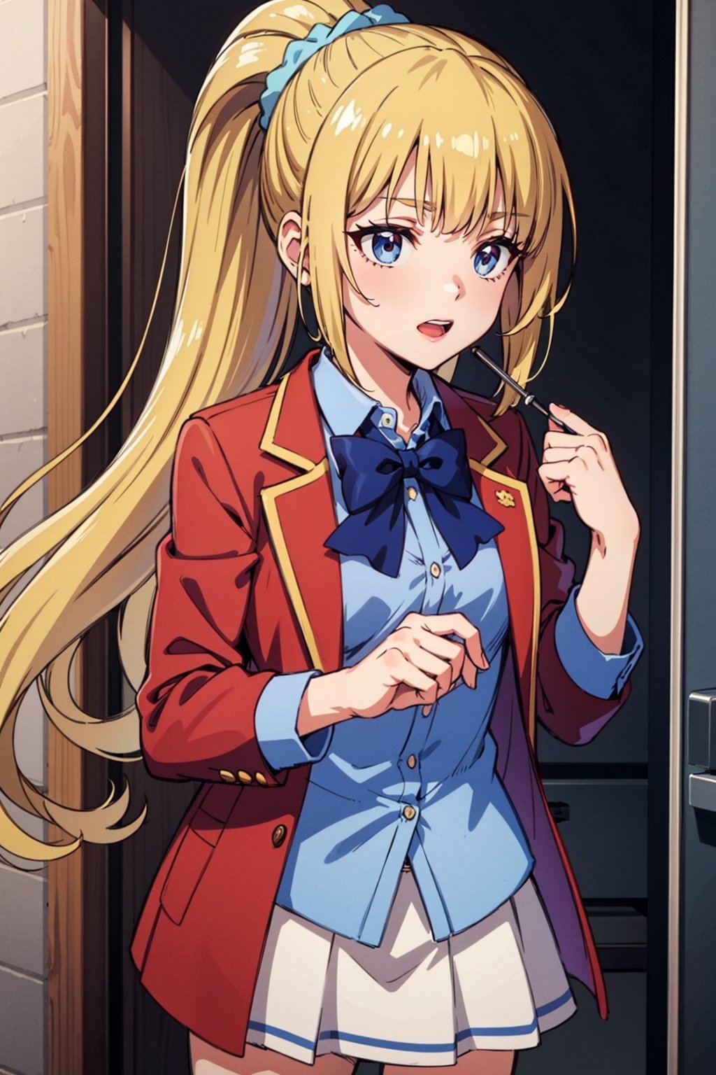  1girl,alone ,long hair, bangs, blunt bangs, purple eyes, blonde hair, shirt, hair ornament, ponytail, scrunchie, blue scrunchie, skirt, shirt, bow, school uniform, jacket, red jacket, pleated skirt, bowtie, sweater, blue bow, blue shirt , White skirt ,masterpiece, best quality, beautiful and very detailed,cote_sakayanagi,cote_kei.,kei karuizawa