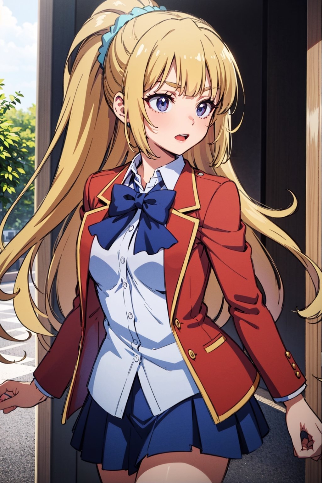  1girl,alone ,long hair, bangs, blunt bangs, purple eyes, blonde hair, shirt, hair ornament, ponytail, scrunchie, blue scrunchie, skirt, shirt, bow, school uniform, jacket, red jacket, pleated skirt, bowtie, sweater, blue bow, blue shirt , White skirt ,masterpiece, best quality, beautiful and very detailed,cote_sakayanagi,cote_kei.,kei karuizawa