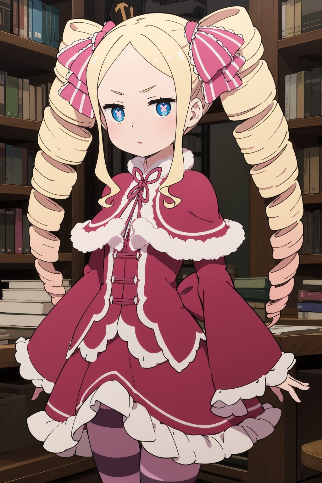 Betty, 1 girl, alone, blonde hair, long hair, twin drills, sidelocks, v-shaped eyebrows, hair ribbon, pink bow, fur-trimmed capelet, red capelet, dress, frilled dress, red dress, bow, ribbon, long sleeves, wide sleeves, frills, pantyhose, striped pantyhose, blue eyes, symbol-shaped pupils