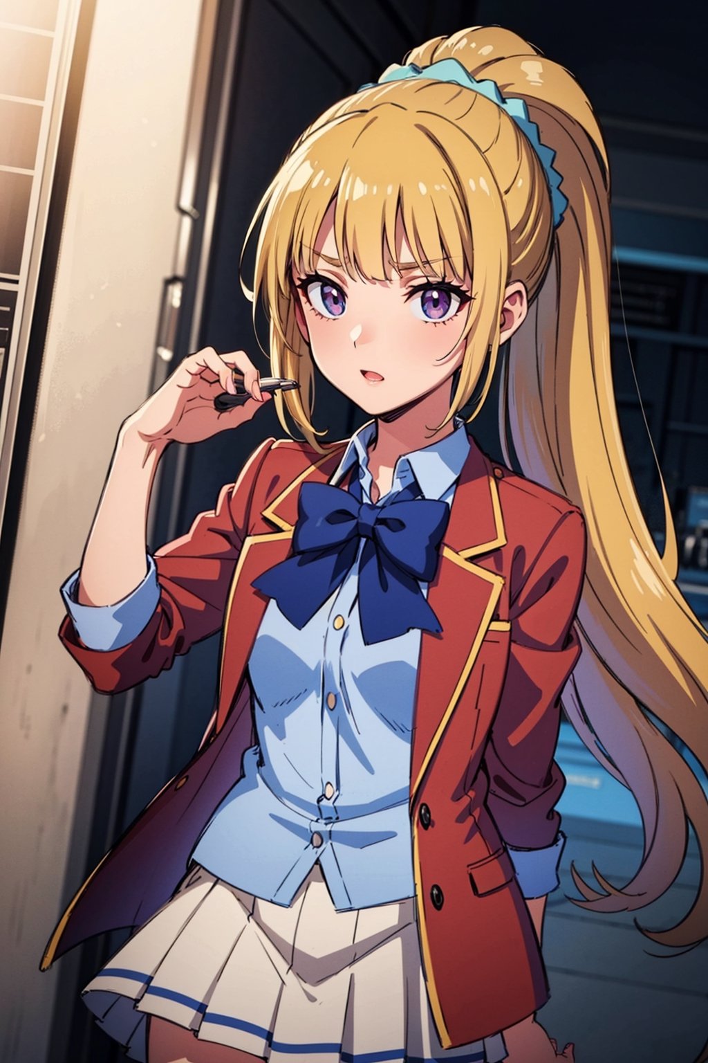  1girl,alone ,long hair, bangs, blunt bangs, purple eyes, blonde hair, shirt, hair ornament, ponytail, scrunchie, blue scrunchie, skirt, shirt, bow, school uniform, jacket, red jacket, pleated skirt, bowtie, sweater, blue bow, blue shirt , White skirt ,masterpiece, best quality, beautiful and very detailed,cote_sakayanagi,cote_kei.,kei karuizawa