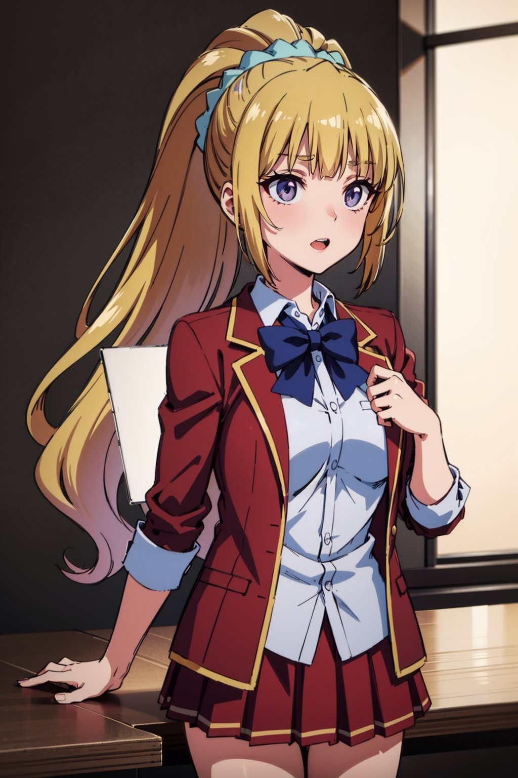  1girl,alone ,long hair, bangs, blunt bangs, purple eyes, blonde hair, shirt, hair ornament, ponytail, scrunchie, blue scrunchie, skirt, shirt, bow, school uniform, jacket, red jacket, pleated skirt, bowtie, sweater, blue bow, blue shirt ,masterpiece, best quality, beautiful and very detailed,cote_sakayanagi,cote_kei,