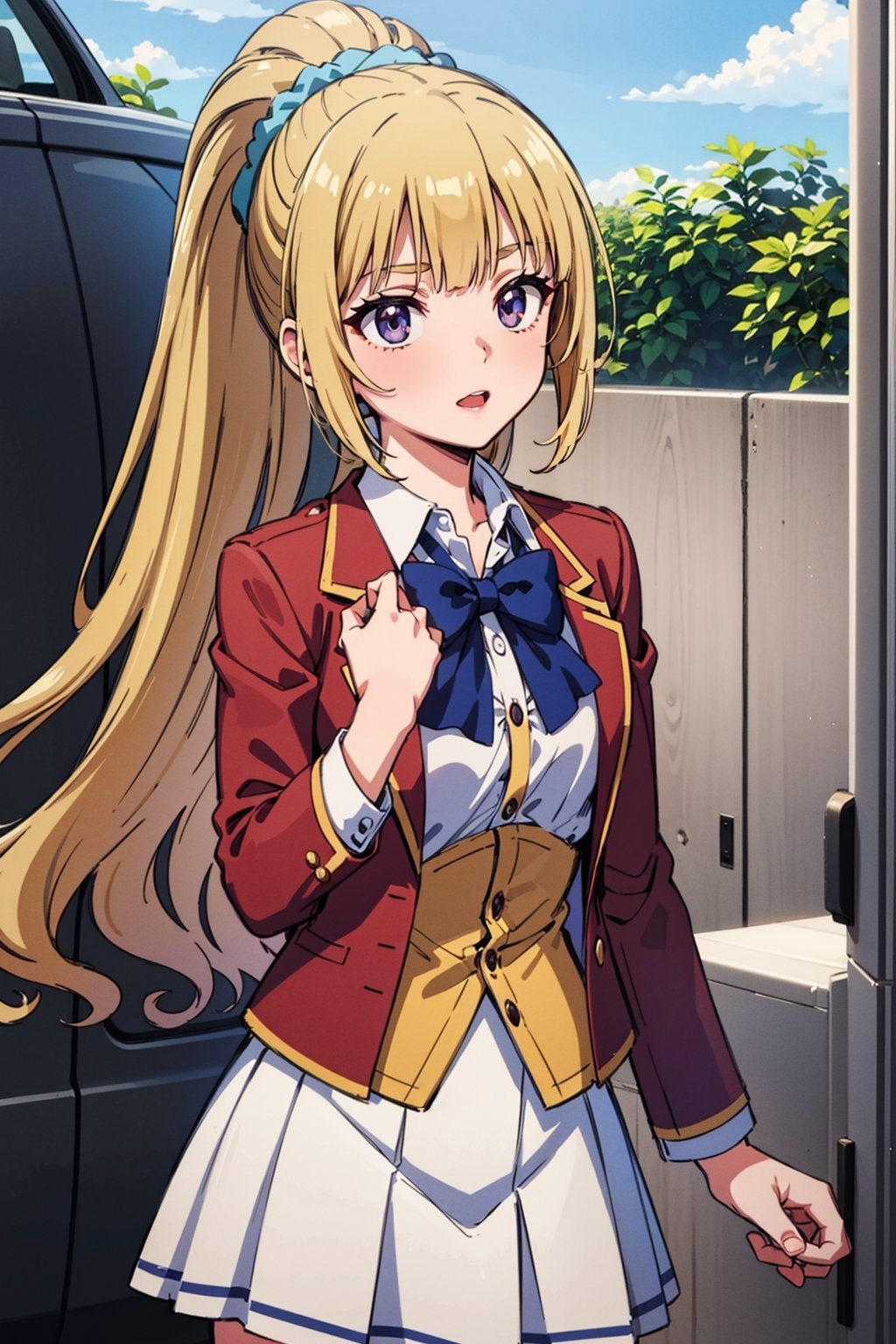  1girl,alone ,long hair, bangs, blunt bangs, purple eyes, blonde hair, shirt, hair ornament, ponytail, scrunchie, blue scrunchie, skirt, shirt, bow, school uniform, jacket, red jacket, pleated skirt, bowtie, sweater, blue bow, blue shirt , White skirt ,masterpiece, best quality, beautiful and very detailed,cote_sakayanagi,cote_kei.,kei karuizawa