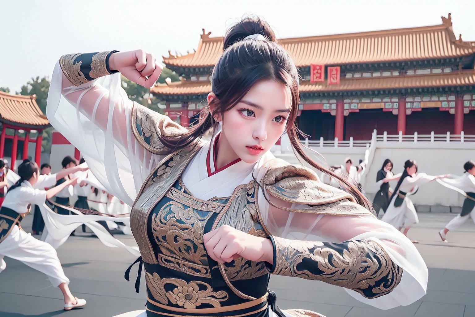 Real photo,  a 20-year-old Taiwanese female martial artist,  beautiful and elegant,  with long hair,  tied in a ponytail,  wearing a white transparent silk Hanfu,  performing a set of Chinese martial arts,  punching hard and powerful,  movements smooth and smooth,  eyes focused and sharp,  like a heroine in ancient times,  the background is an empty Chinese palace,  cinematic quality,  real handicraft,  masterpiece,  best quality,  ultra-detailed,  fine,  high resolution,  perfect dynamic composition,  sharp focus,  full body,  ruanyi0060