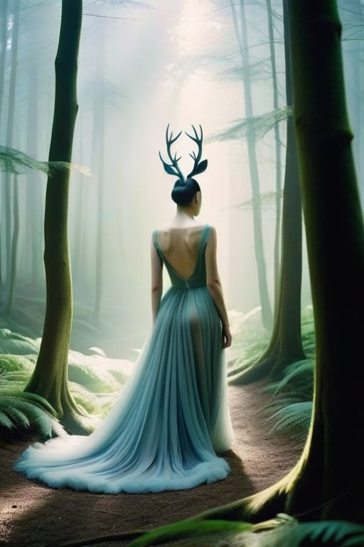 Imagine a whimsical scene reminiscent of Tim Walker's iconic style, where reality blends seamlessly with fantasy. Picture a surreal tableau featuring a mysterious forest illuminated by soft, ethereal light. In the midst of this enchanting landscape stands a figure draped in flowing fabric, her silhouette casting long shadows against the mystical backdrop. With elements of dreamlike beauty and surrealism, the image evokes a sense of wonder and intrigue, inviting viewers to immerse themselves in a world where imagination knows no bounds.