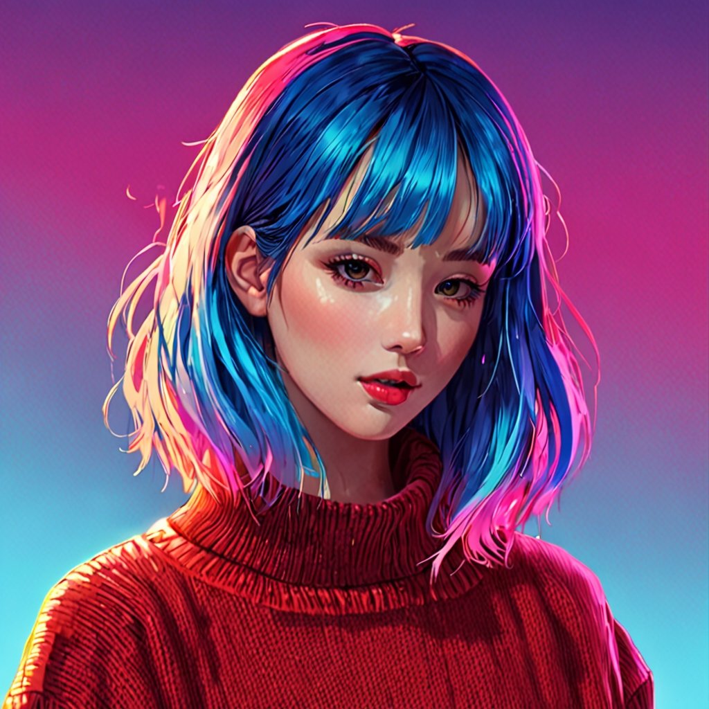 shadow flat vector art, illustrator, anime , realistic ,sketch , 1girl, ,lip, Sweater,order, Blue gradient background, Neon hair,Textured crop,xxmix_girl