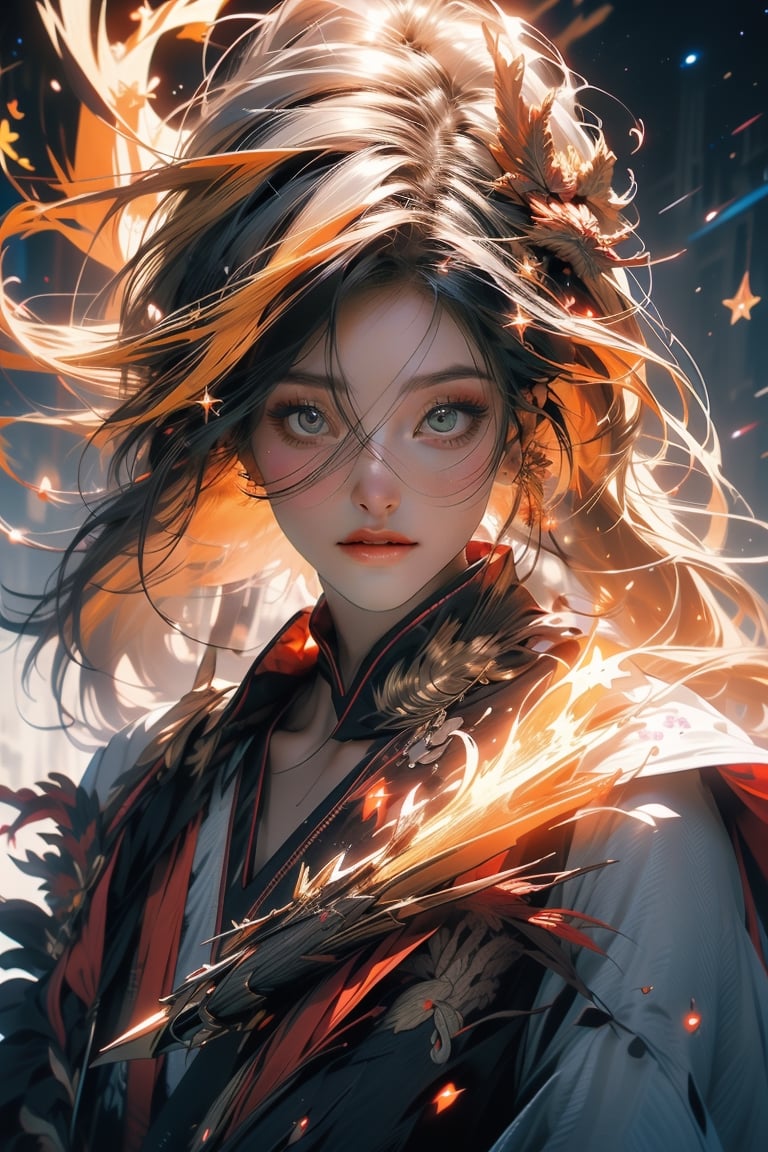 (masutepiece, of the highest quality, Best Quality, Official art, Beautiful and aesthetic:1.2), (1girl in), extremely detailed eye, (Fractal Art:1.3), Colorful, highest details, (Perfect face), Shiny skin, nffsw, (White cloak golden lines:1.2), Galaxy, (light streaks), striking visuals, (Dynamic streaks, luminous trails:1.2), Vibrant colors, (phoenix), (shenron) 