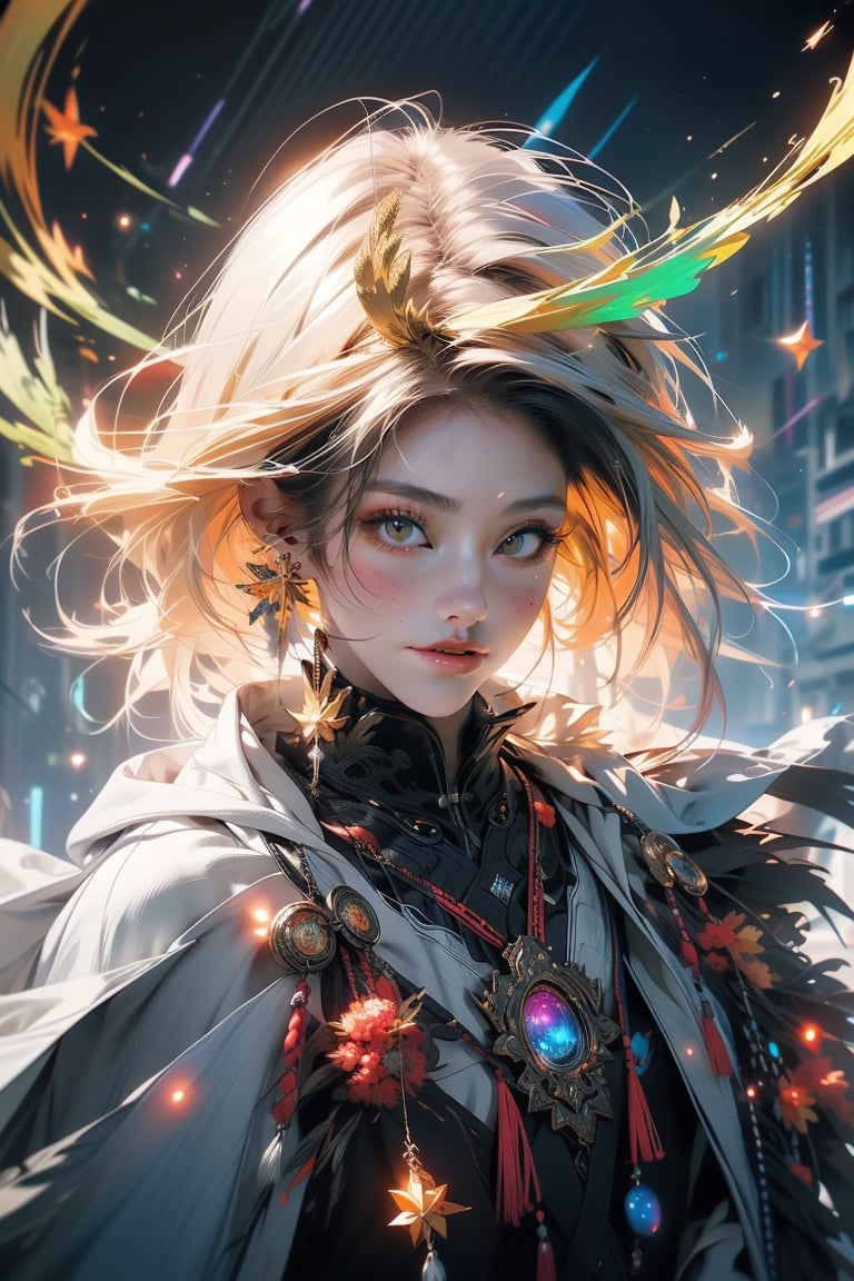 (masutepiece, of the highest quality, Best Quality, Official art, Beautiful and aesthetic:1.2), (1girl in), extremely detailed eye, (Fractal Art:1.3), Colorful, highest details, (Perfect face), Shiny skin, nffsw, (White cloak golden lines:1.2), Galaxy, (light streaks), striking visuals, (Dynamic streaks, luminous trails:1.2), Vibrant colors, (phoenix), (shenron) 