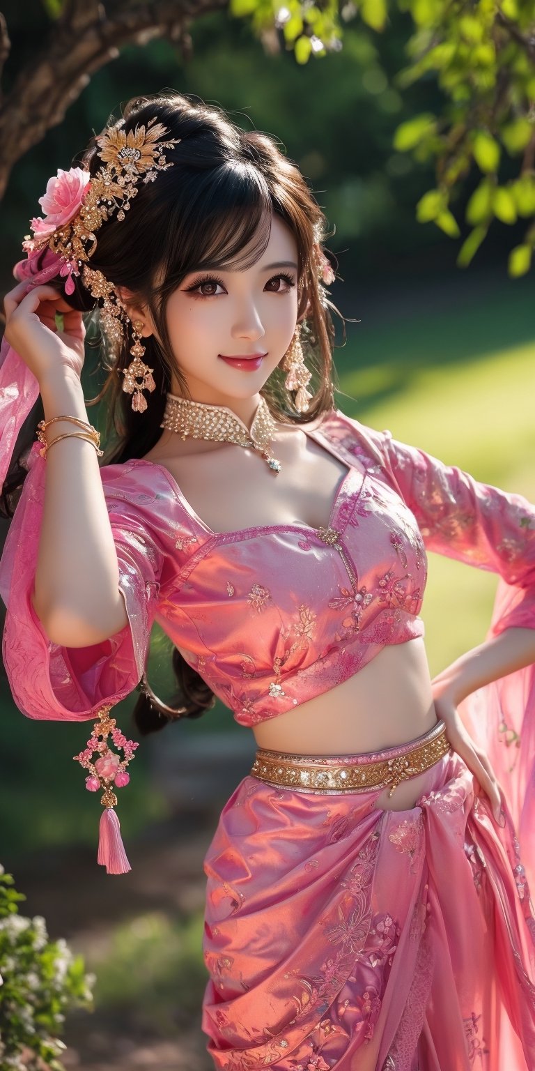 A full body photo of beautiful with a realistic Asian's skin colour. There are a few small spots or small moles or small warts scattered on the skin of the body. The big chest is very concentrated and firm. She has light makeup on her face, smiles, and has bright eyes. Nice hands, perfect hands, perfect fingers, eyes looking into the camera, random hairstyles and hair accessories, random photo poses, random face shapes, random clothing colours, random background matching, real photo quality, depth of field, clear background, backlight, 32K resolution, leg open and lift high up.