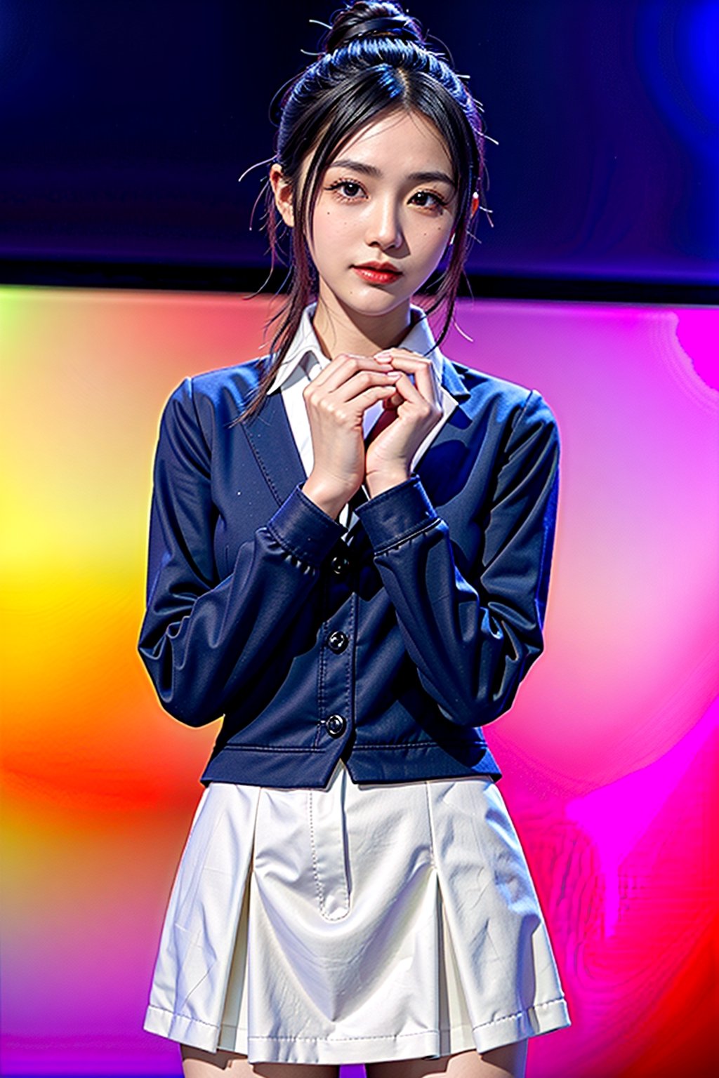 A full body photo of beautiful Chinese girl wearing school uniform with a realistic Asian yellow skin color. There are a few small spots or small moles or small warts scattered on the skin of the body. The big chest is very concentrated and firm. She has light makeup on her face, smiles, and has bright eyes. Nice hands, perfect hands, perfact fingers, eyes looking into the camera, random hairstyles and hair accessories, random photo poses, random face shapes, random clothing colors, random background matching, real photo quality, depth of field, clear background, backlight, 32K resolution,