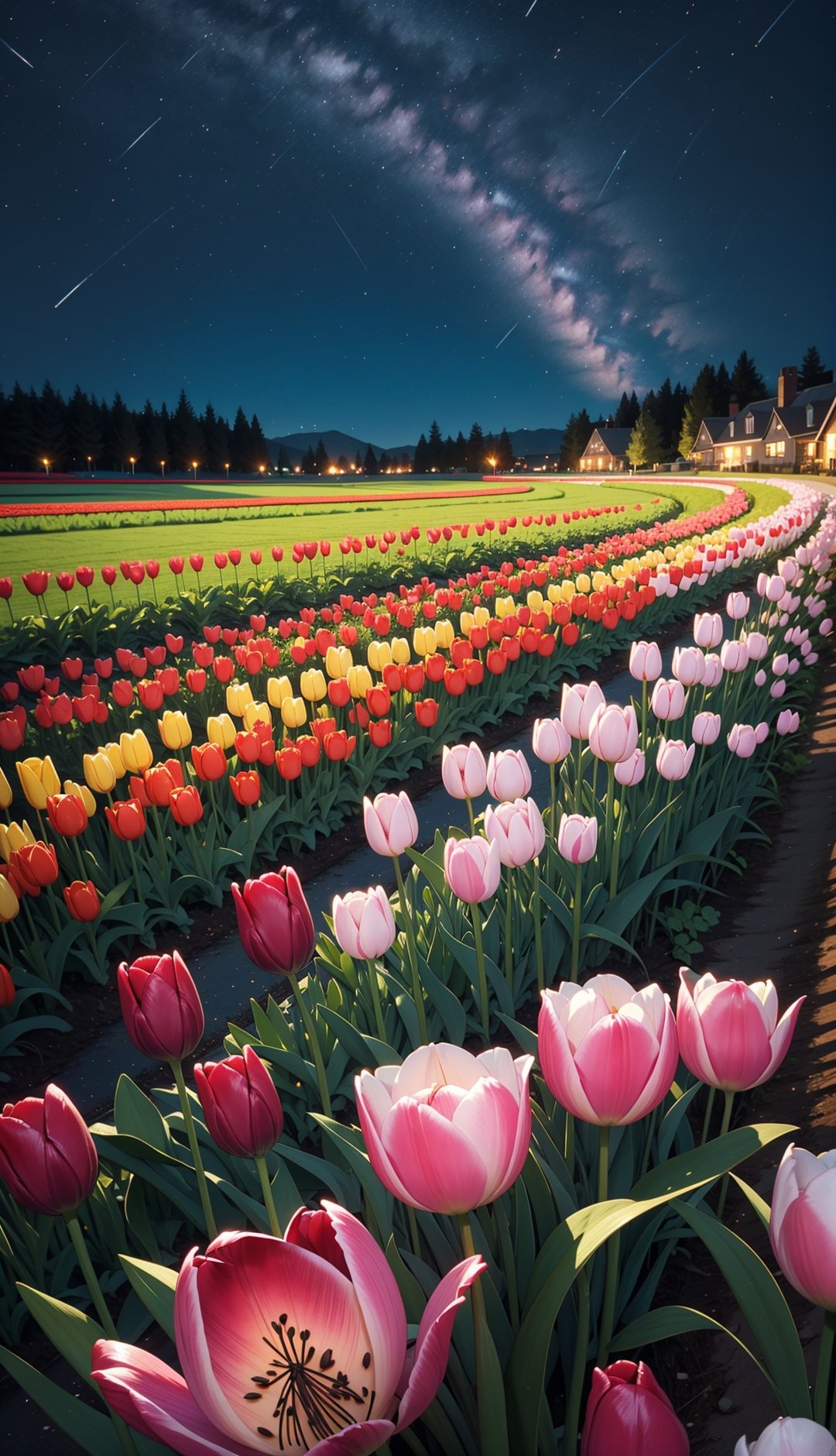 (meadow), (tulip field), ((Outdoors, Night time style)).